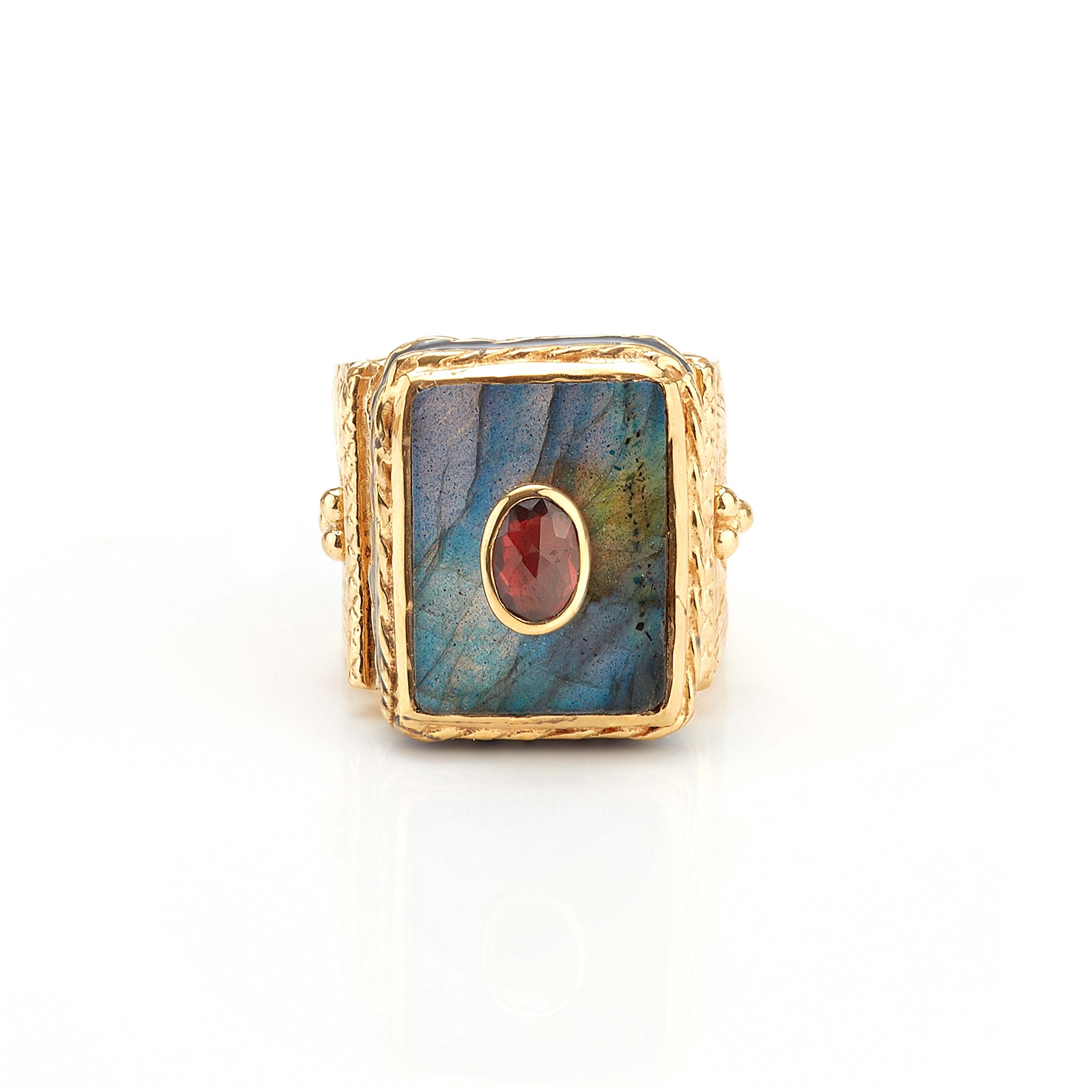 Shanti Rectangle Ring in Labradorite in Labradorite, gold plated, handcrafted gemstone rings Singapore