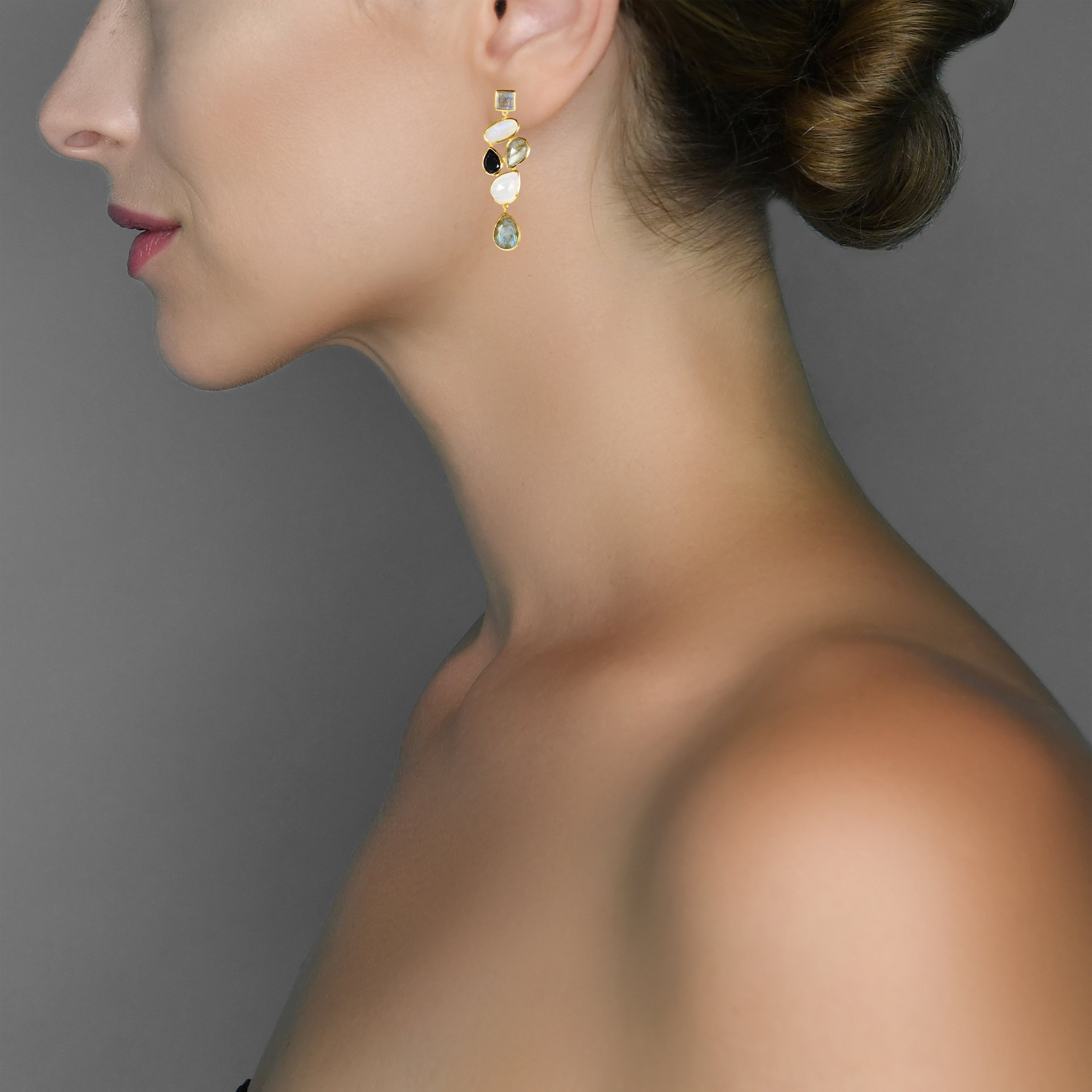 Chandelier Earrings In Neutrals in Black Onyx, gold plated, handcrafted gemstone earrings Singapore