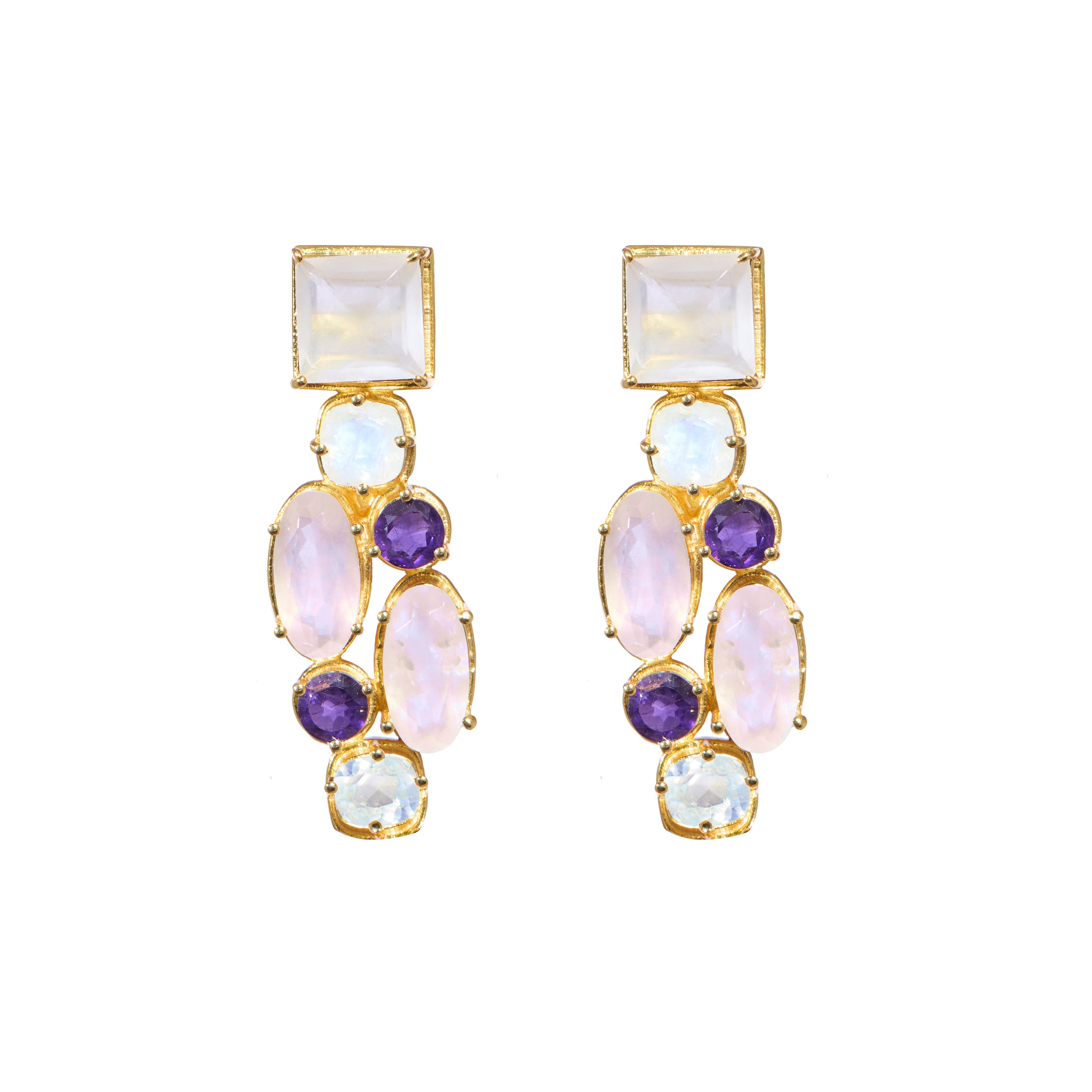 Cluster Stud Earrings in Amethyst, gold plated, handcrafted gemstone earrings Singapore