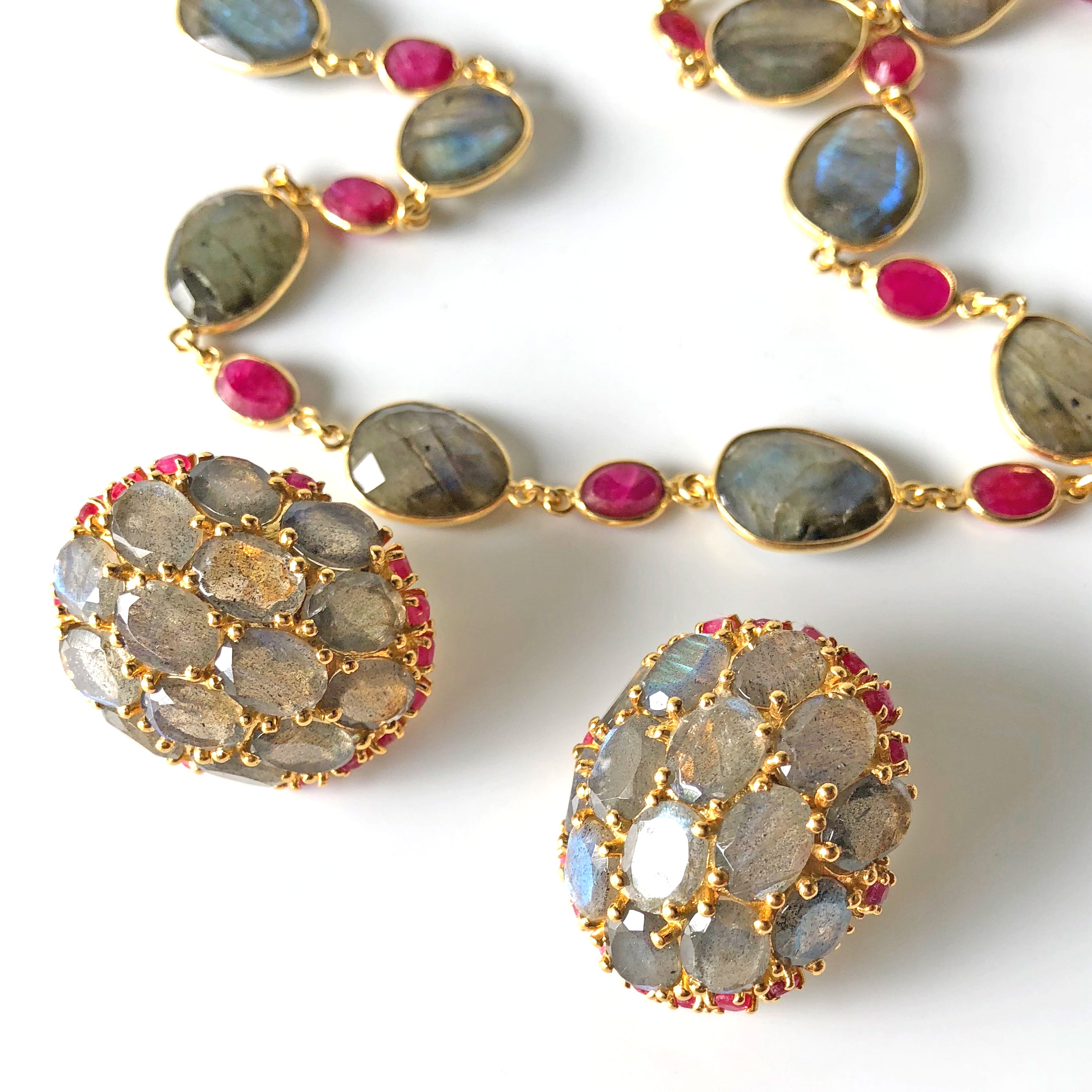 Labradorite and Ruby Globe Earrings in Labradorite, gold plated, handcrafted gemstone earrings Singapore