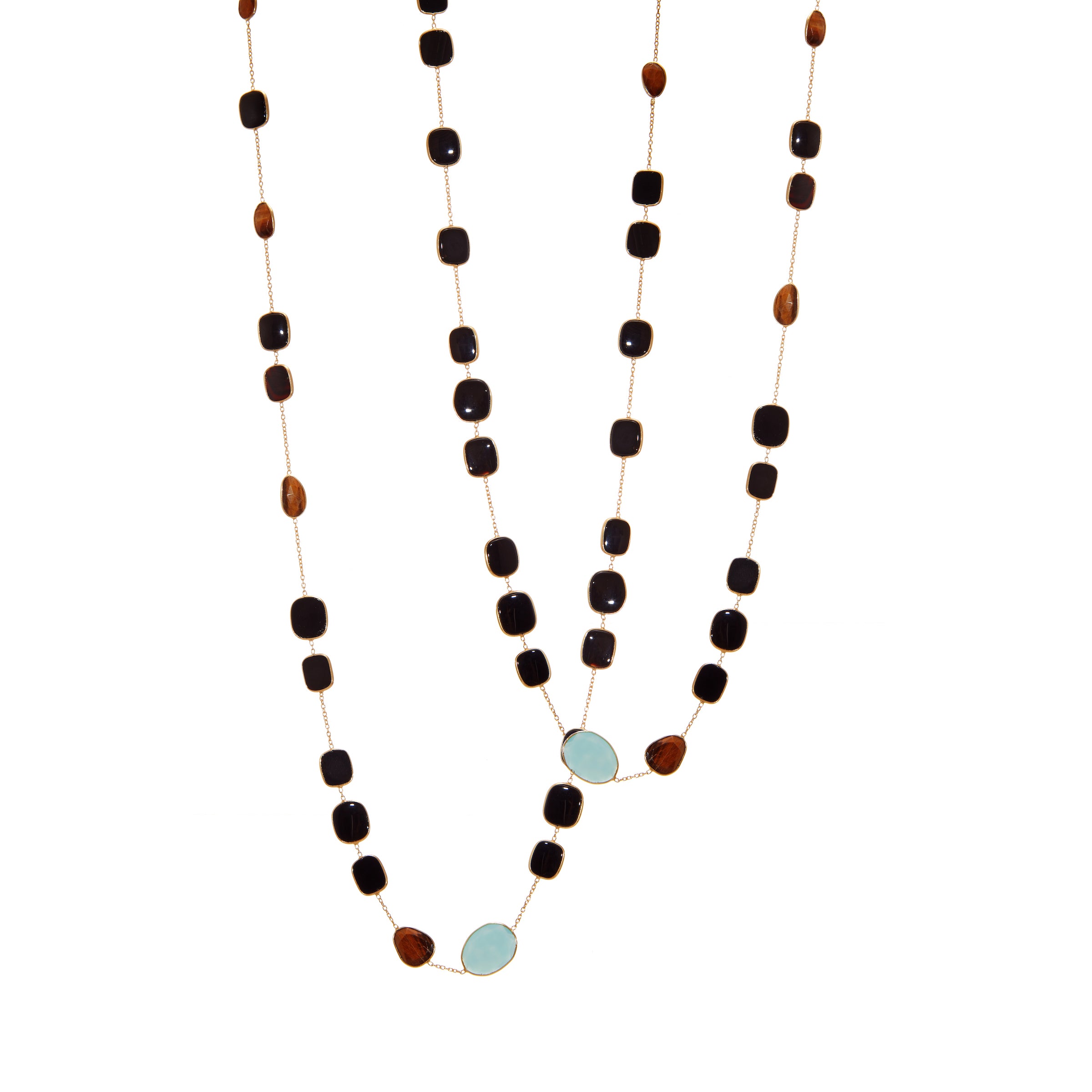 Necklace in Black Onyx, Blue Chalcedony & Tiger's Eye