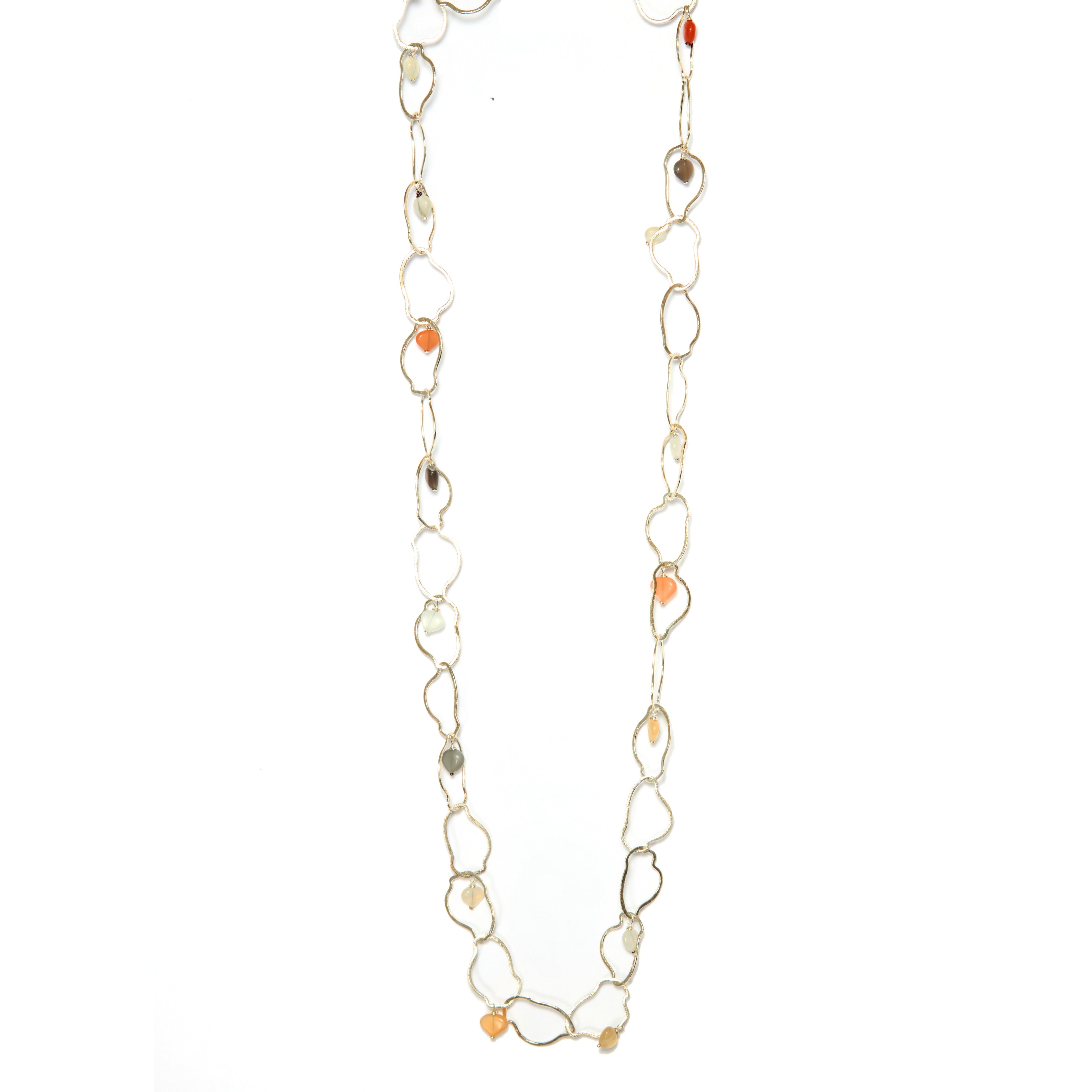 A silver necklace featuring a series of open links and round moonstone briolettes, with a length of 42 inches and a toggle clasp.