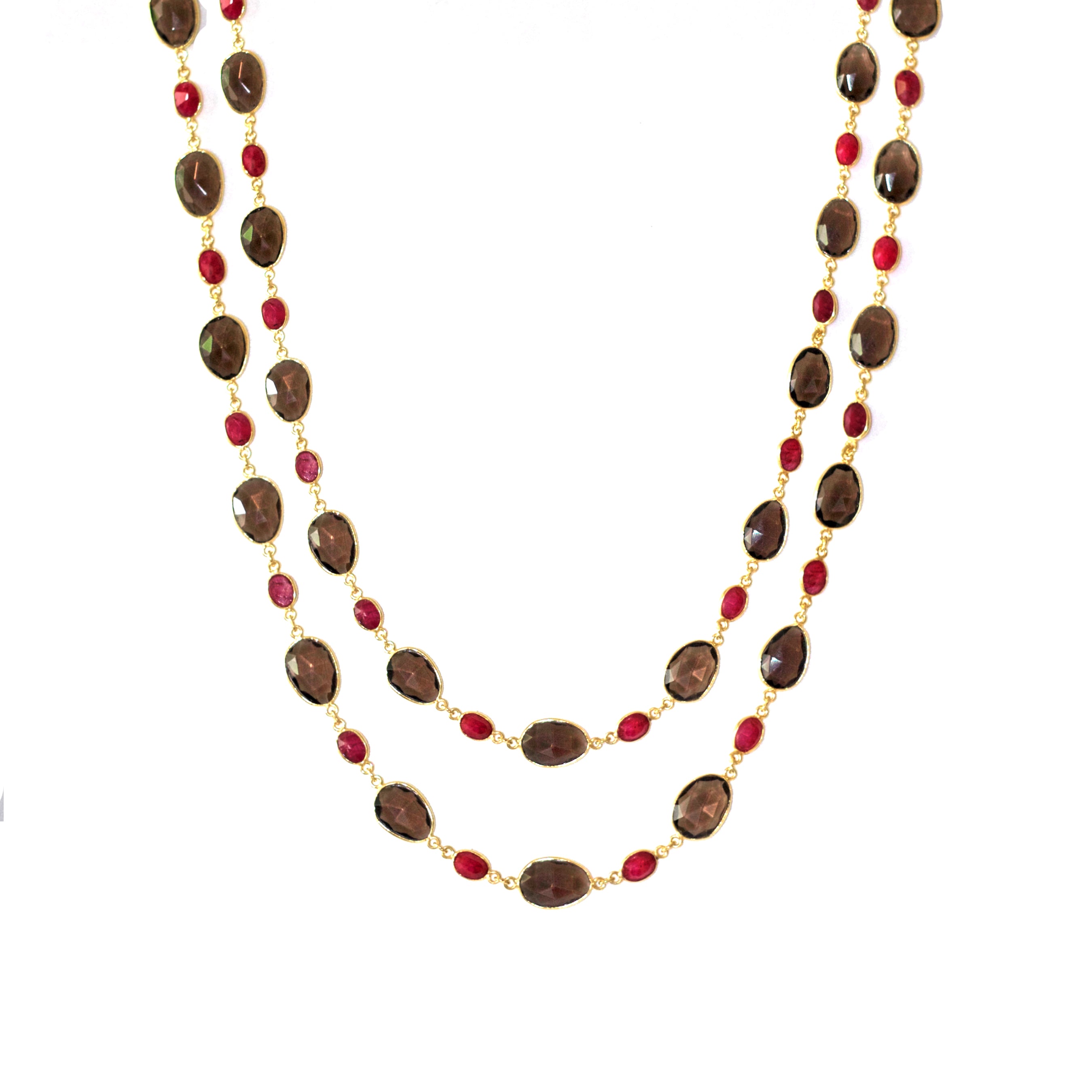 Necklace in Smoky Quartz & Ruby in Ruby, gold plated, handcrafted gemstone necklace Singapore