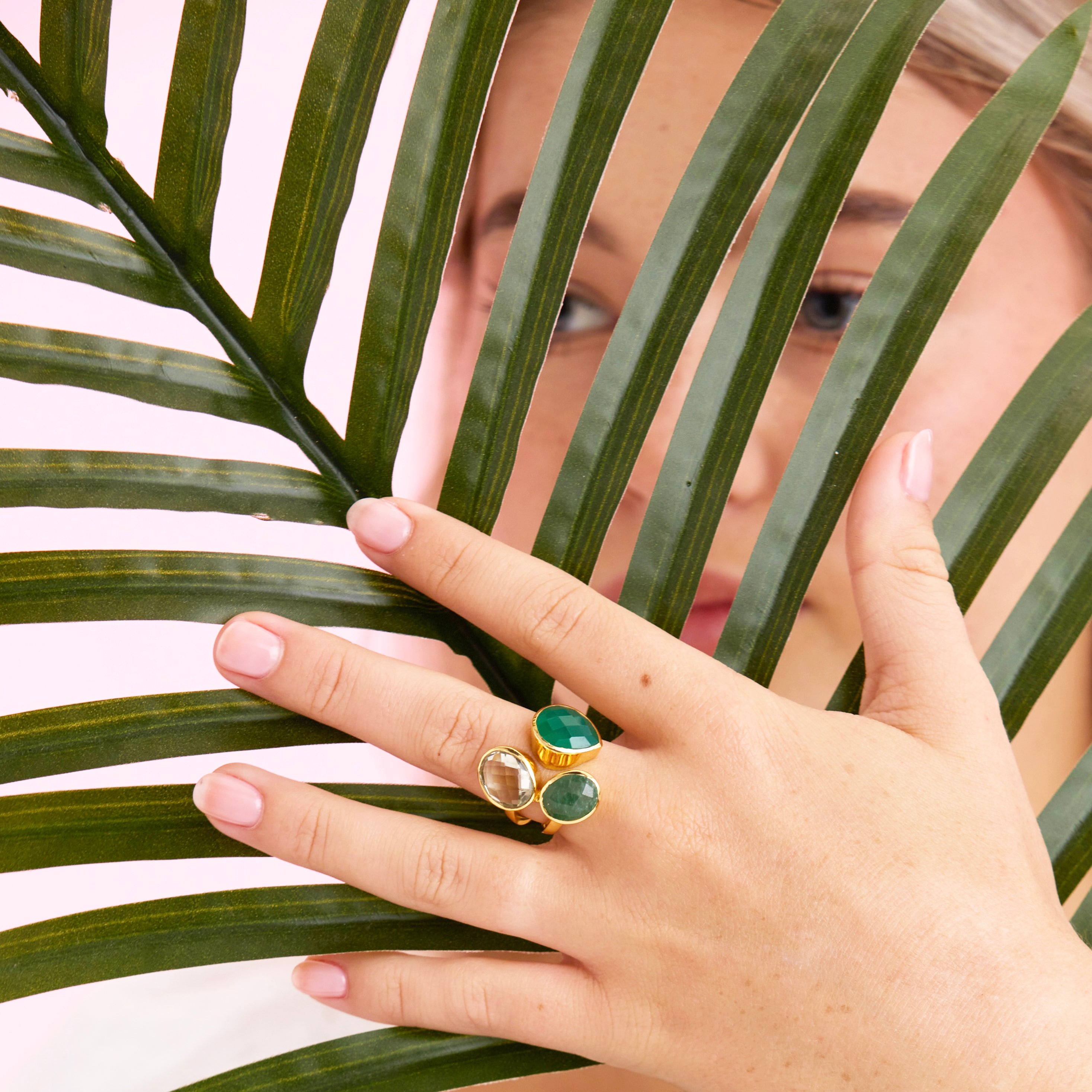 Open Ring in Greens in Aventurine, gold plated, handcrafted gemstone rings Singapore