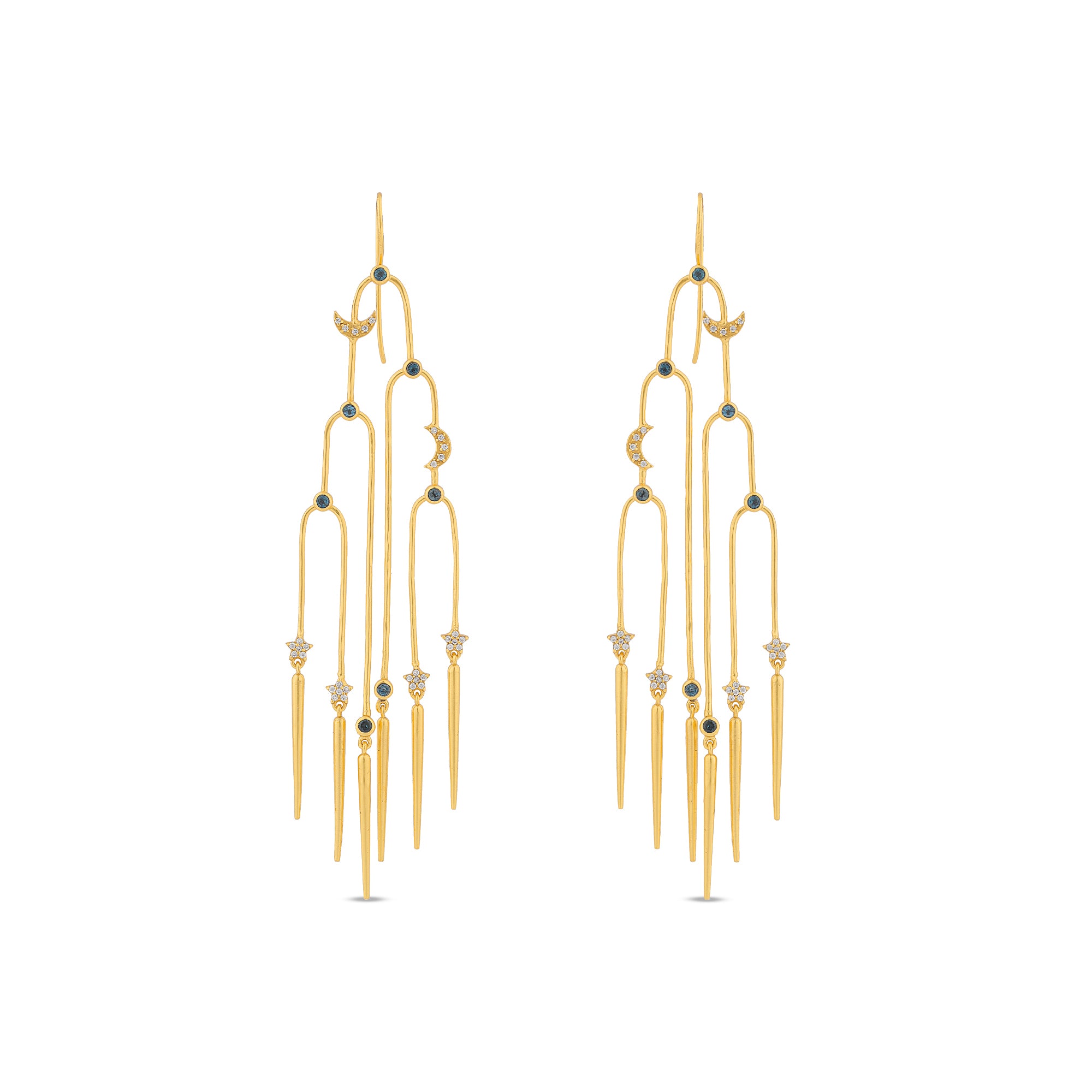 Aurora Celestial Chandelier Earrings in Blue Sapphire, gold plated, handcrafted gemstone earrings Singapore