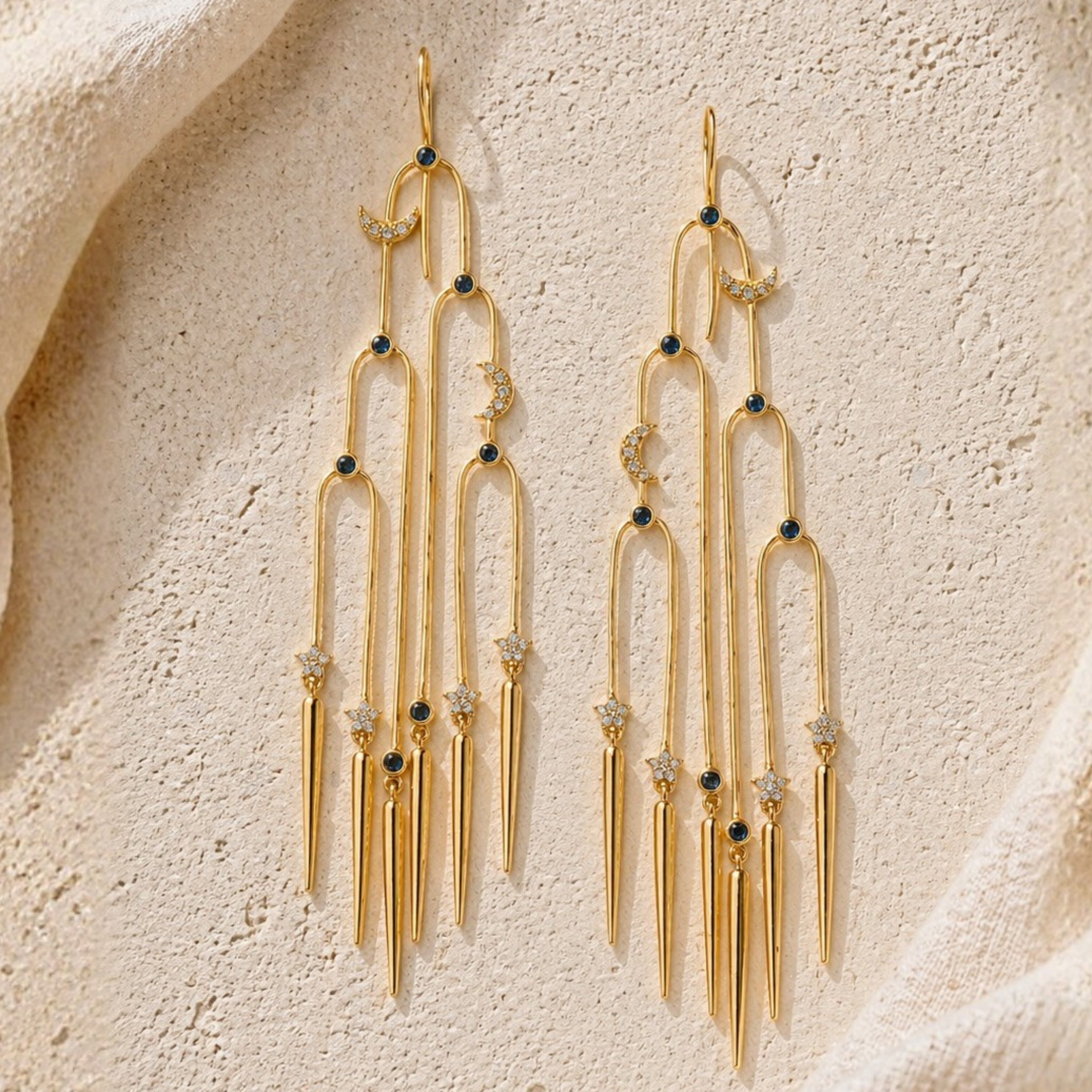 Aurora Celestial Chandelier Earrings in Blue Sapphire, gold plated, handcrafted gemstone earrings Singapore