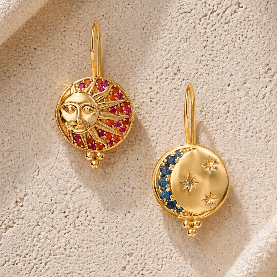 Aurora Sun & Moon Earrings in Garnet, gold plated, handcrafted gemstone earrings Singapore