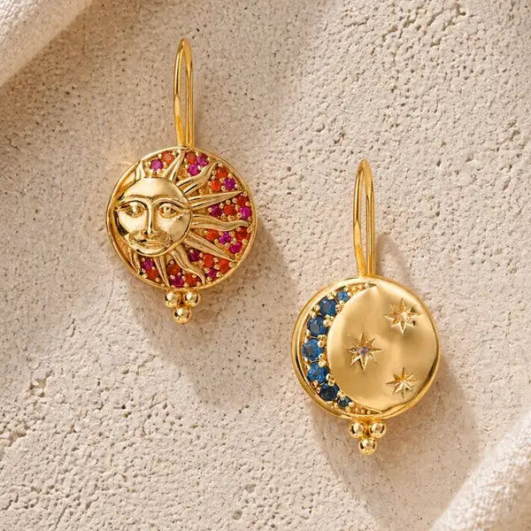 Aurora Sun & Moon Earrings in Garnet, gold plated, handcrafted gemstone earrings Singapore