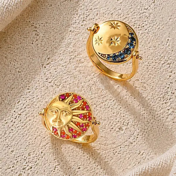 Aurora Sun & Moon Flip Ring in Garnet, gold plated, handcrafted gemstone rings Singapore