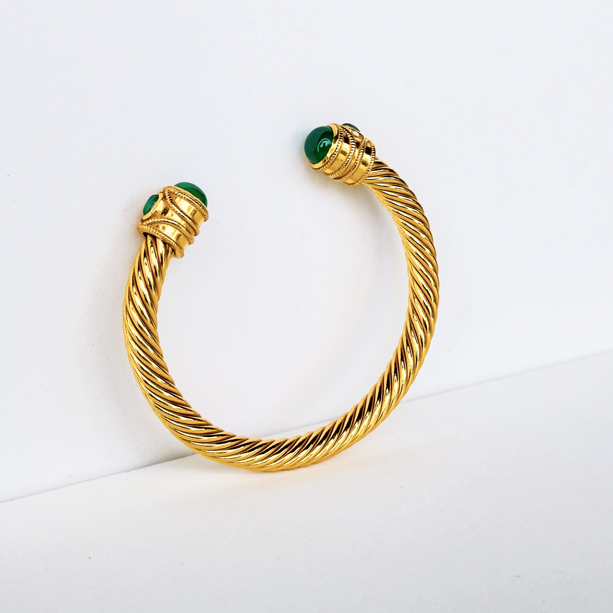 Cable cuff in Green Onyx in Green Onyx, gold plated, handcrafted gemstone bracelets Singapore