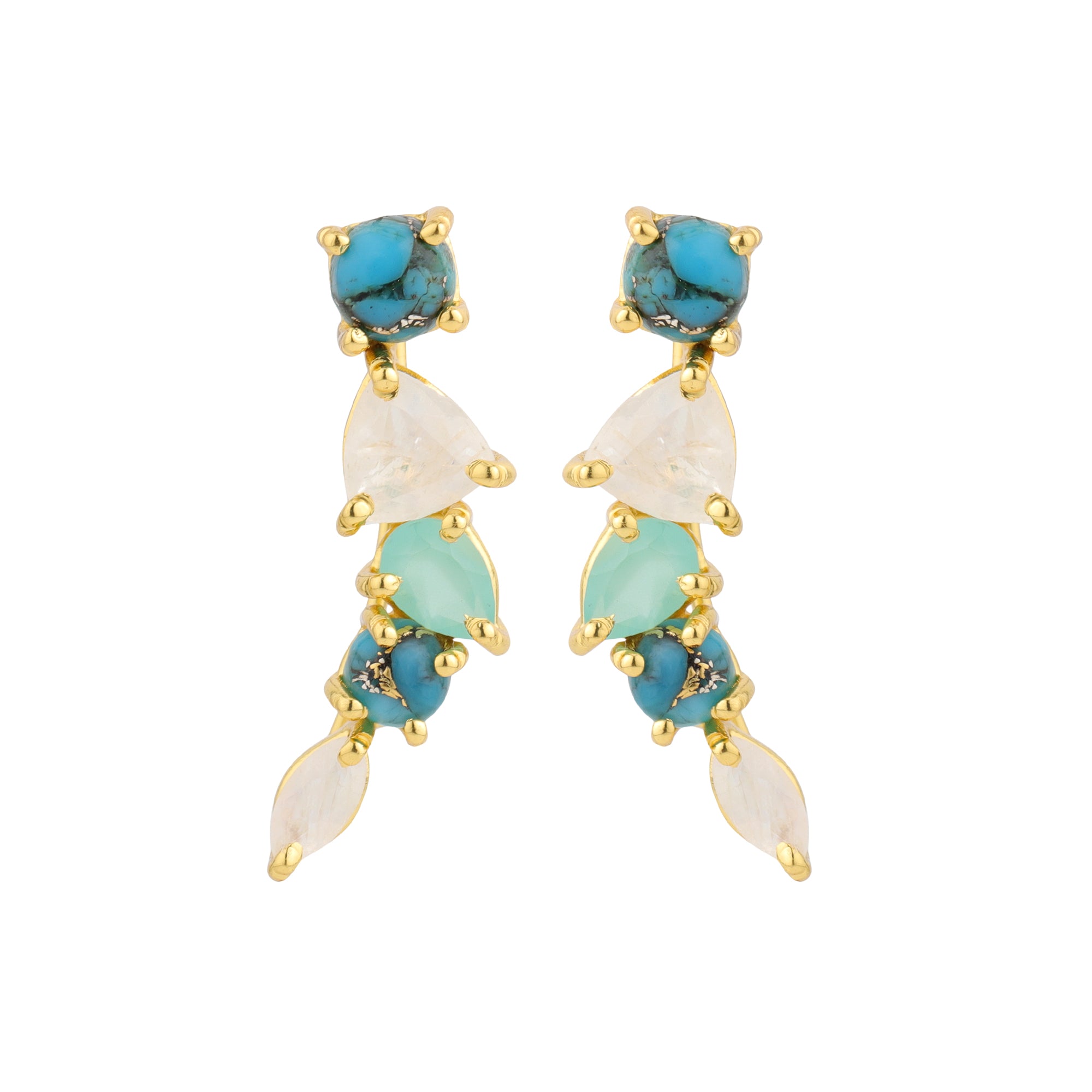 Gemstone Climber Earrings in Blues in Aqua Chalcedony, gold plated, handcrafted gemstone earrings Singapore