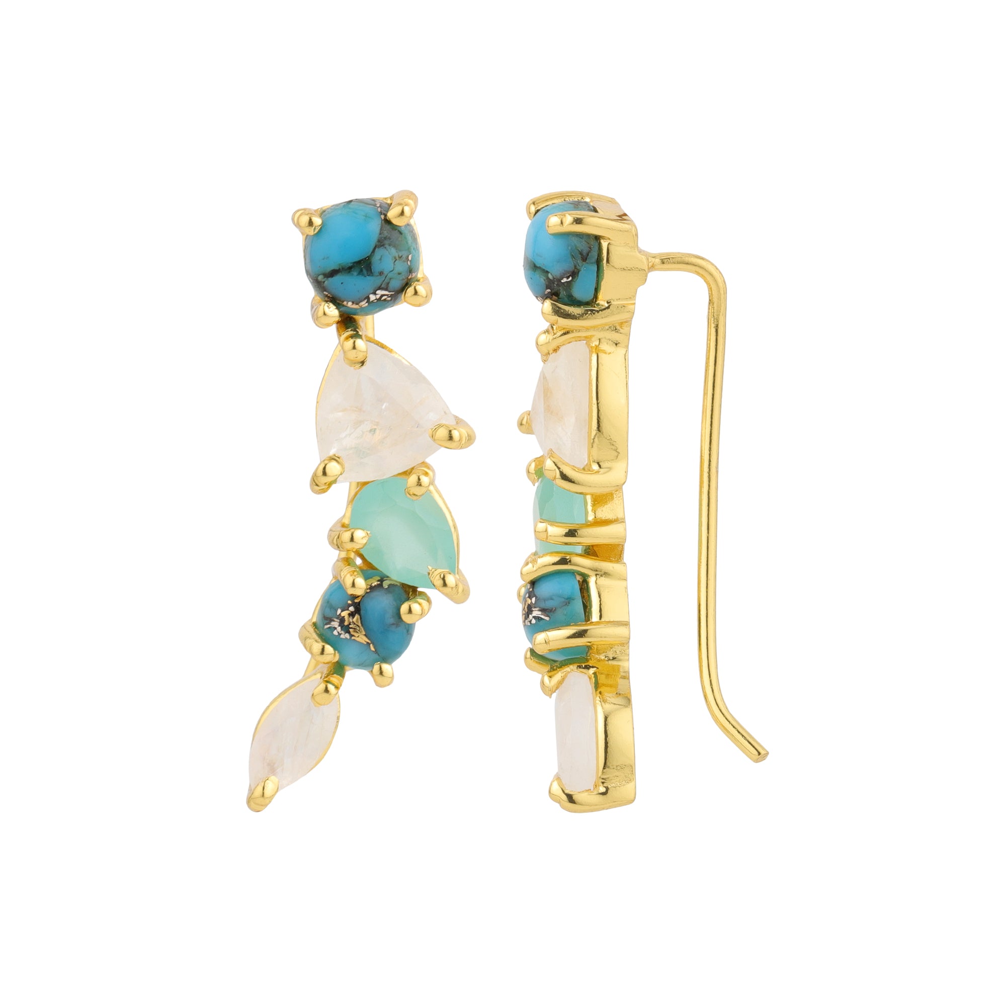 Gemstone Climber Earrings in Blues in Aqua Chalcedony, gold plated, handcrafted gemstone earrings Singapore