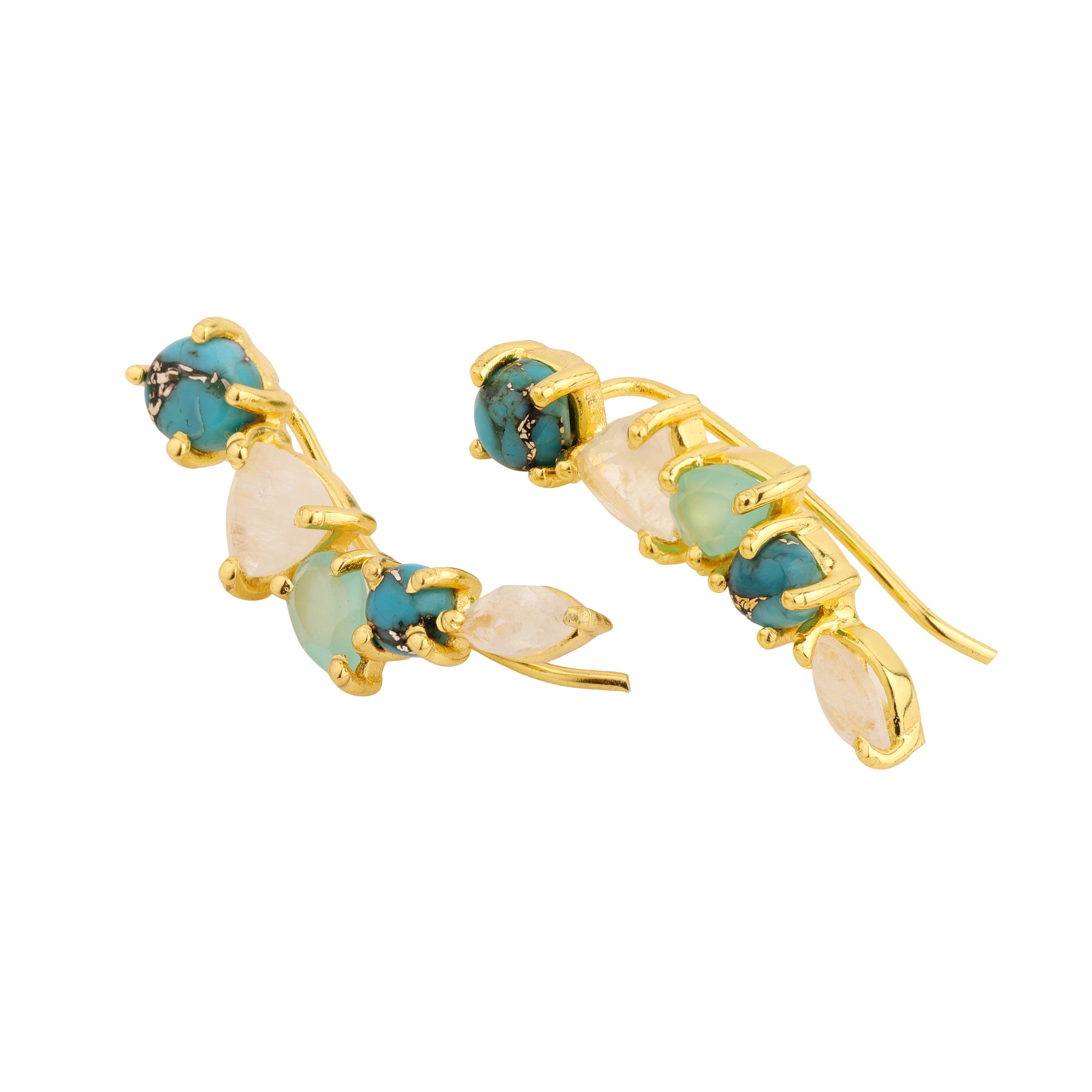 Gemstone Climber Earrings in Blues in Aqua Chalcedony, gold plated, handcrafted gemstone earrings Singapore