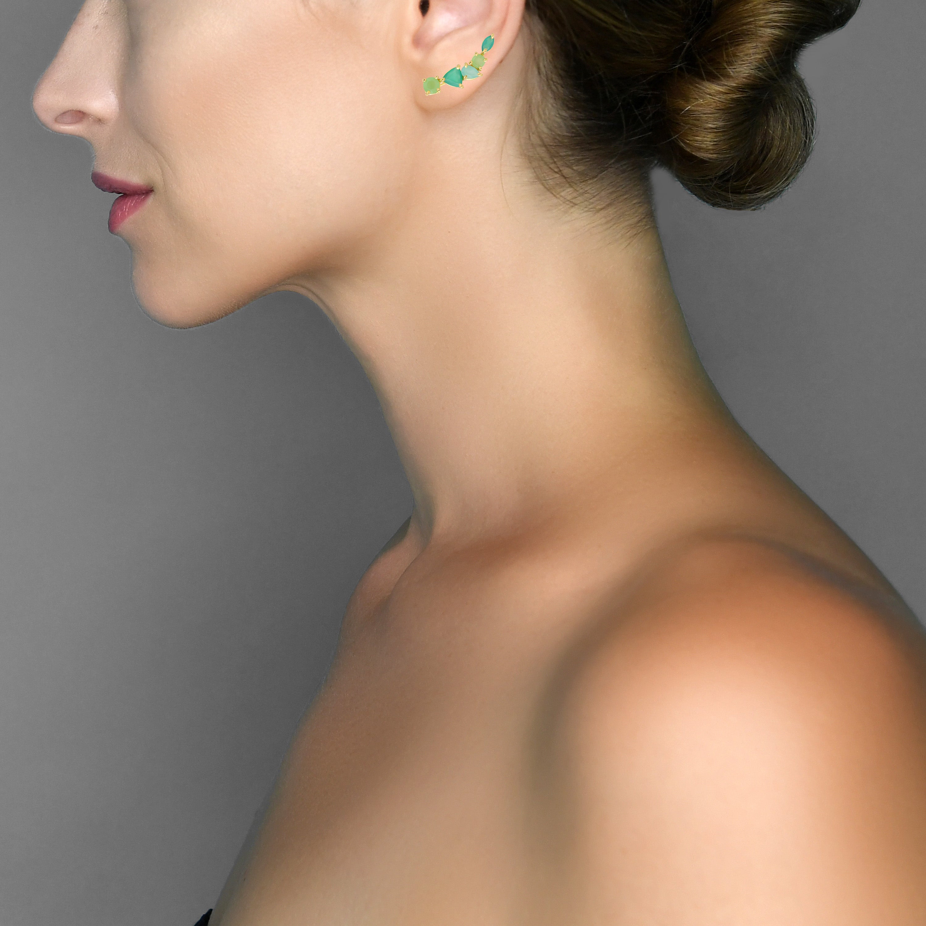 Gemstone Climber Earrings in Greens in Aqua Chalcedony, gold plated, handcrafted gemstone earrings Singapore