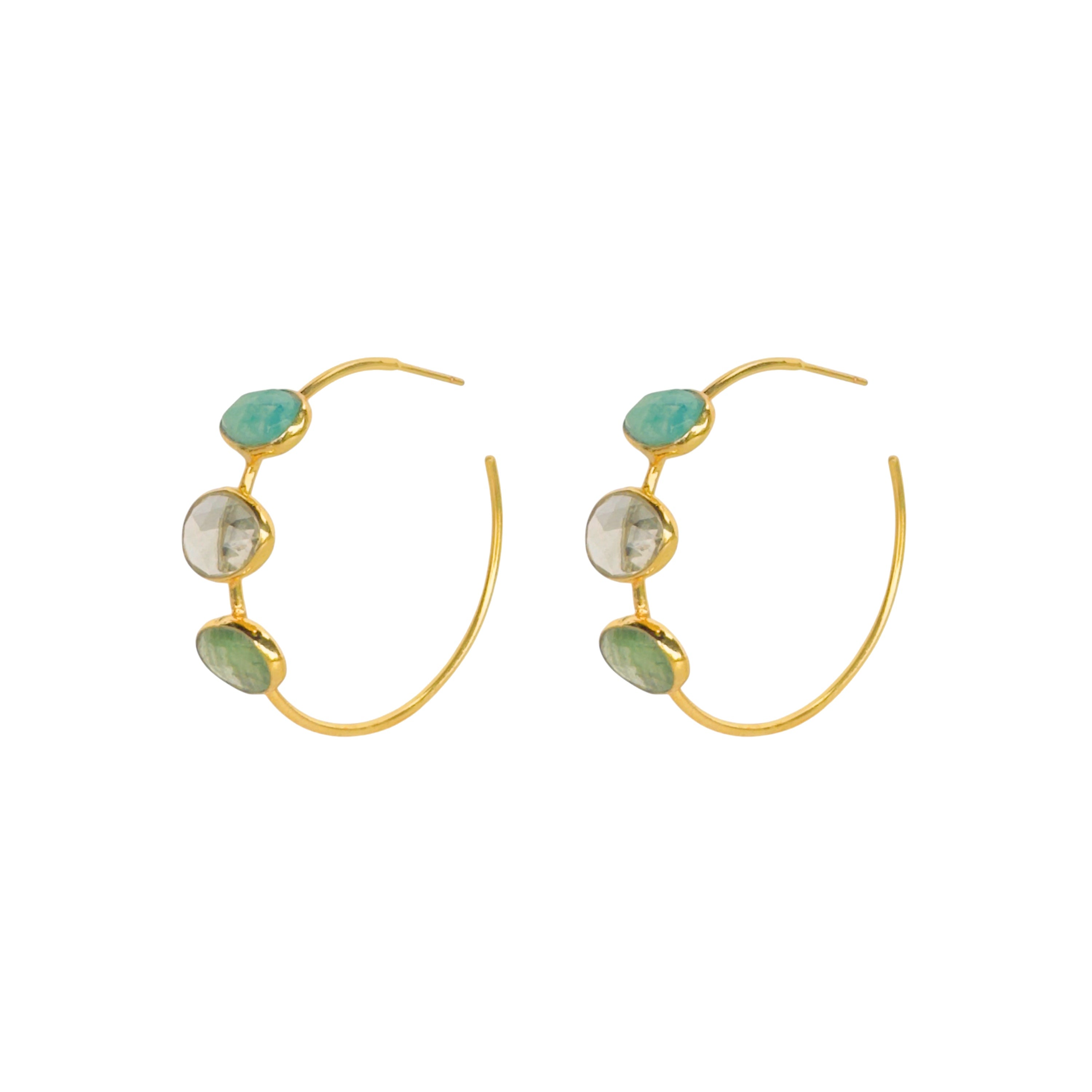 Gemstone Hoops in Green Kyanite, Prasiolite & Turquoise in Kyanite, gold plated, handcrafted gemstone earrings Singapore