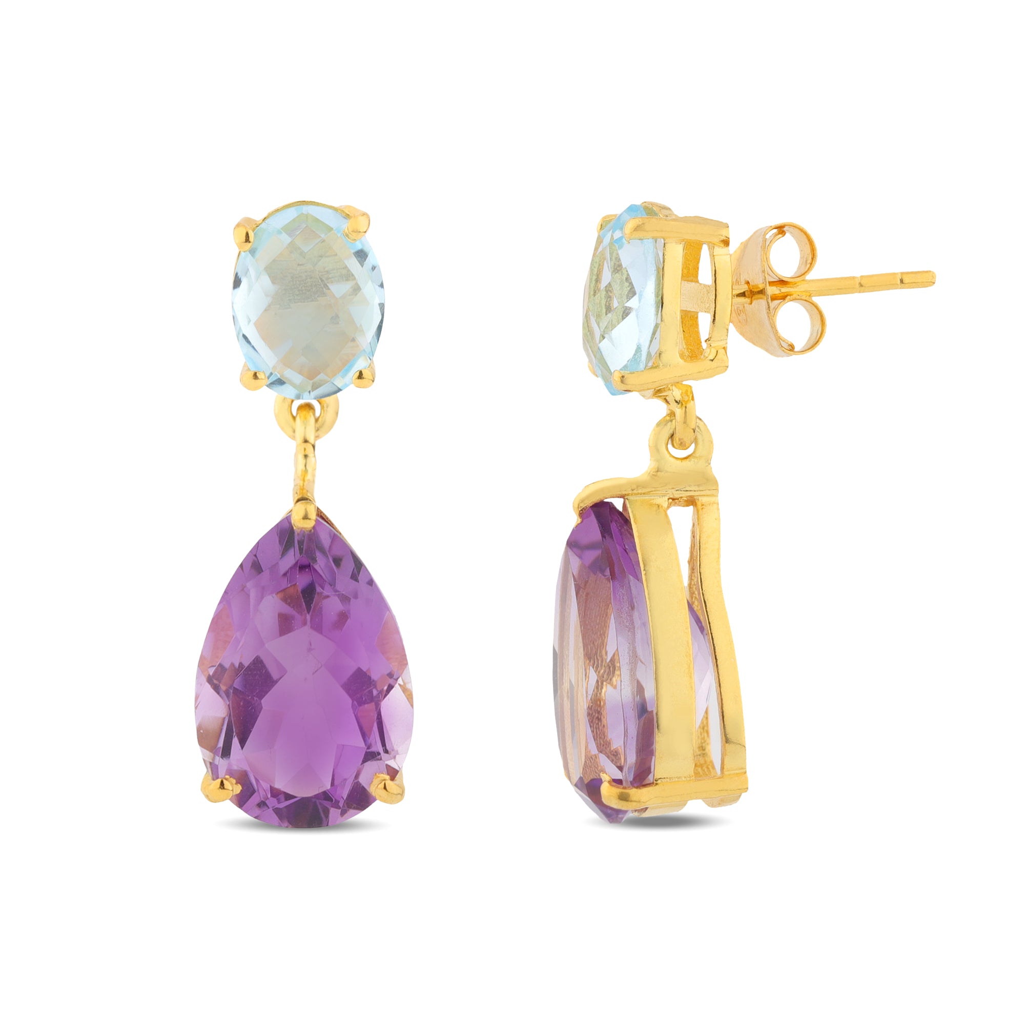 Isolde Earrings in Blue Topaz & Amethyst in Amethyst, gold plated, handcrafted gemstone earrings Singapore