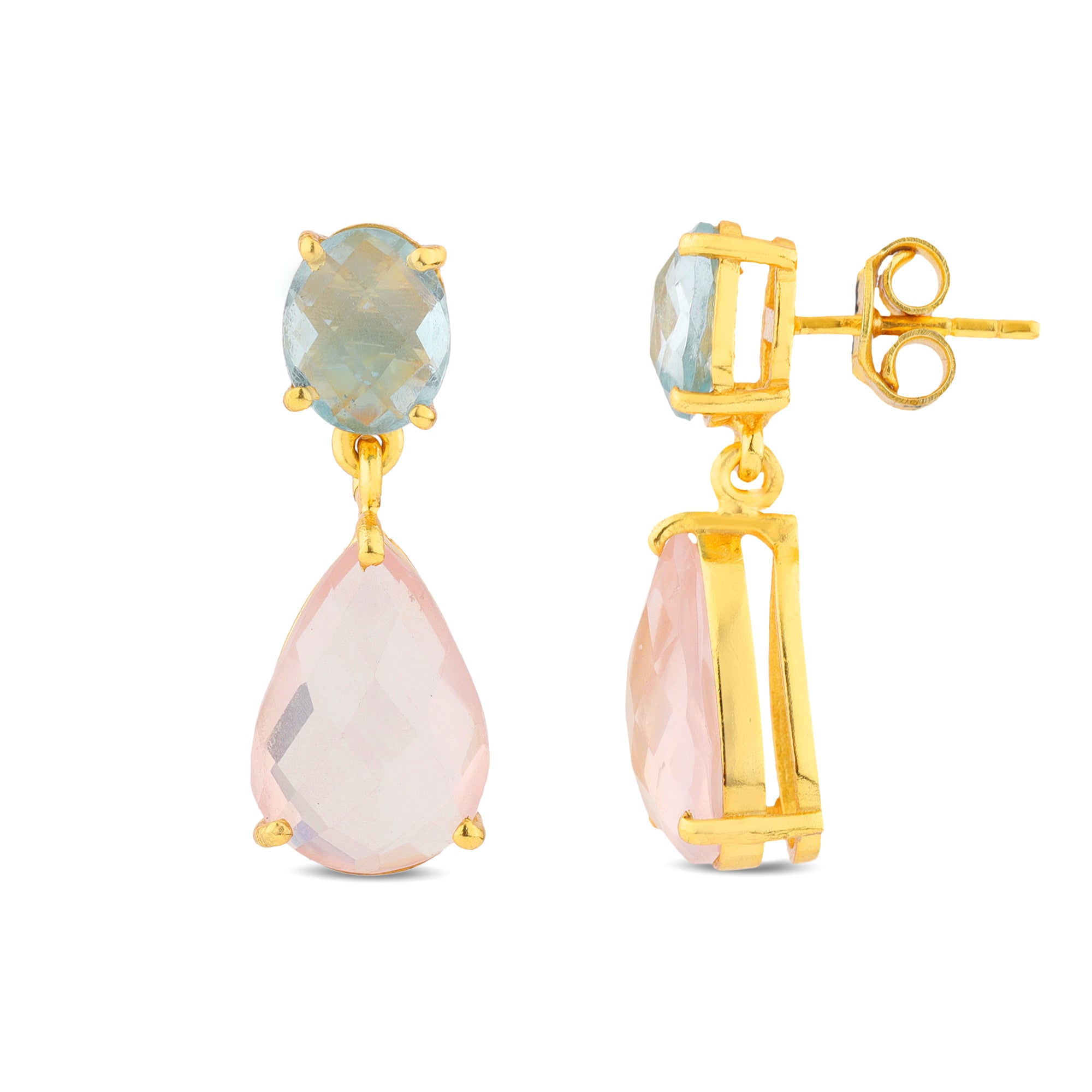 Isolde Earrings in Blue Topaz & Rose Quartz in Blue Topaz, gold plated, handcrafted gemstone earrings Singapore