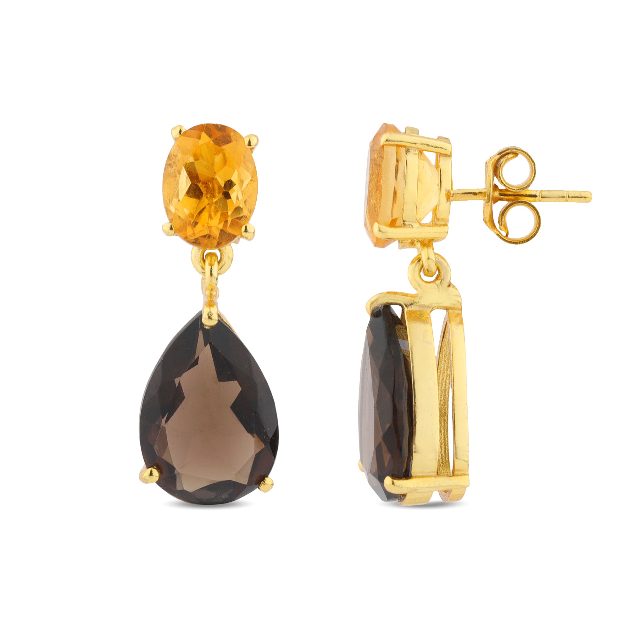 Isolde Earrings in Citrine & Smoky Quartz in Smoky Quartz, gold plated, handcrafted gemstone earrings Singapore