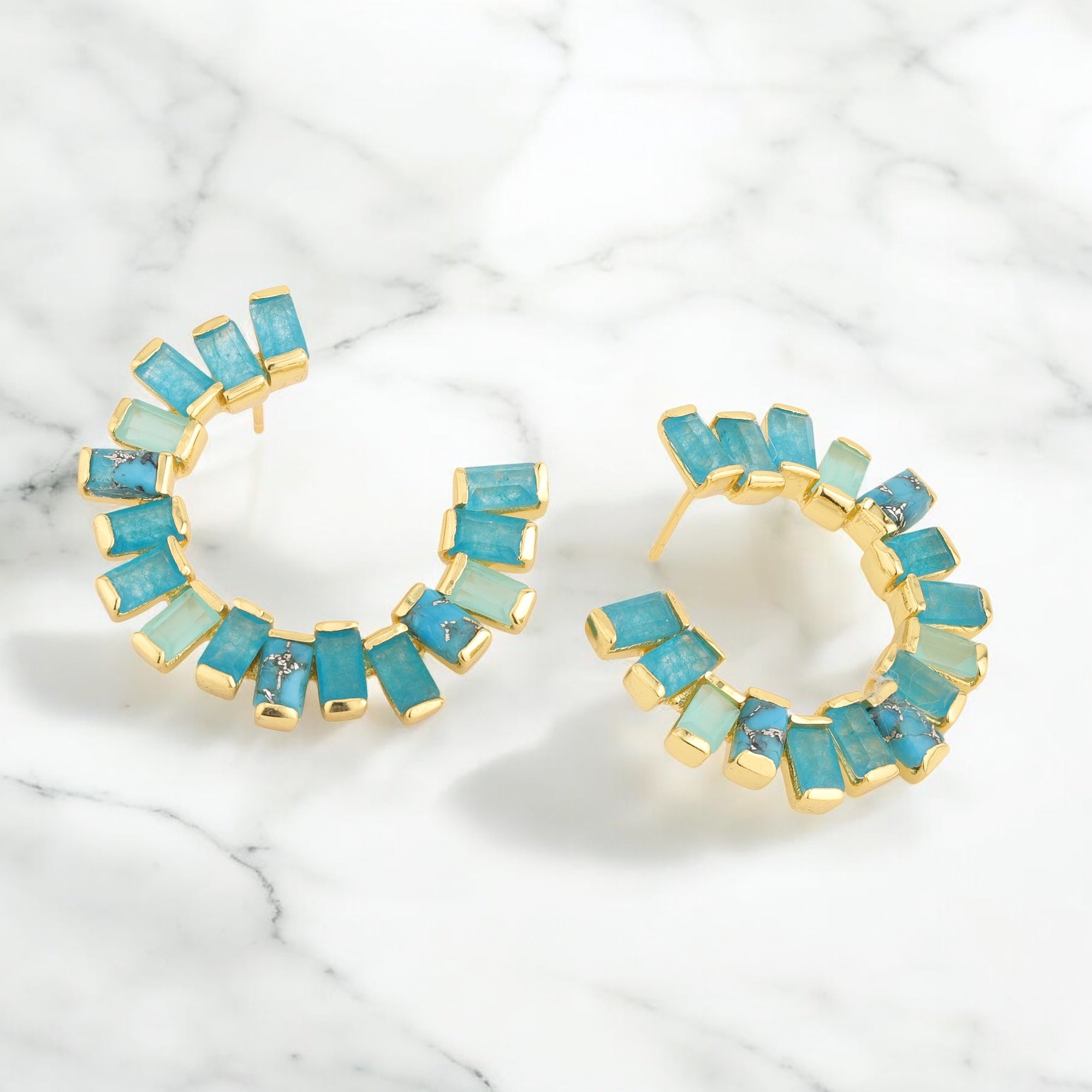 Open Gemstone Hoops in Chalcedony, Turquoise & Blue Jade in Aqua Chalcedony, gold plated, handcrafted gemstone earrings Singapore
