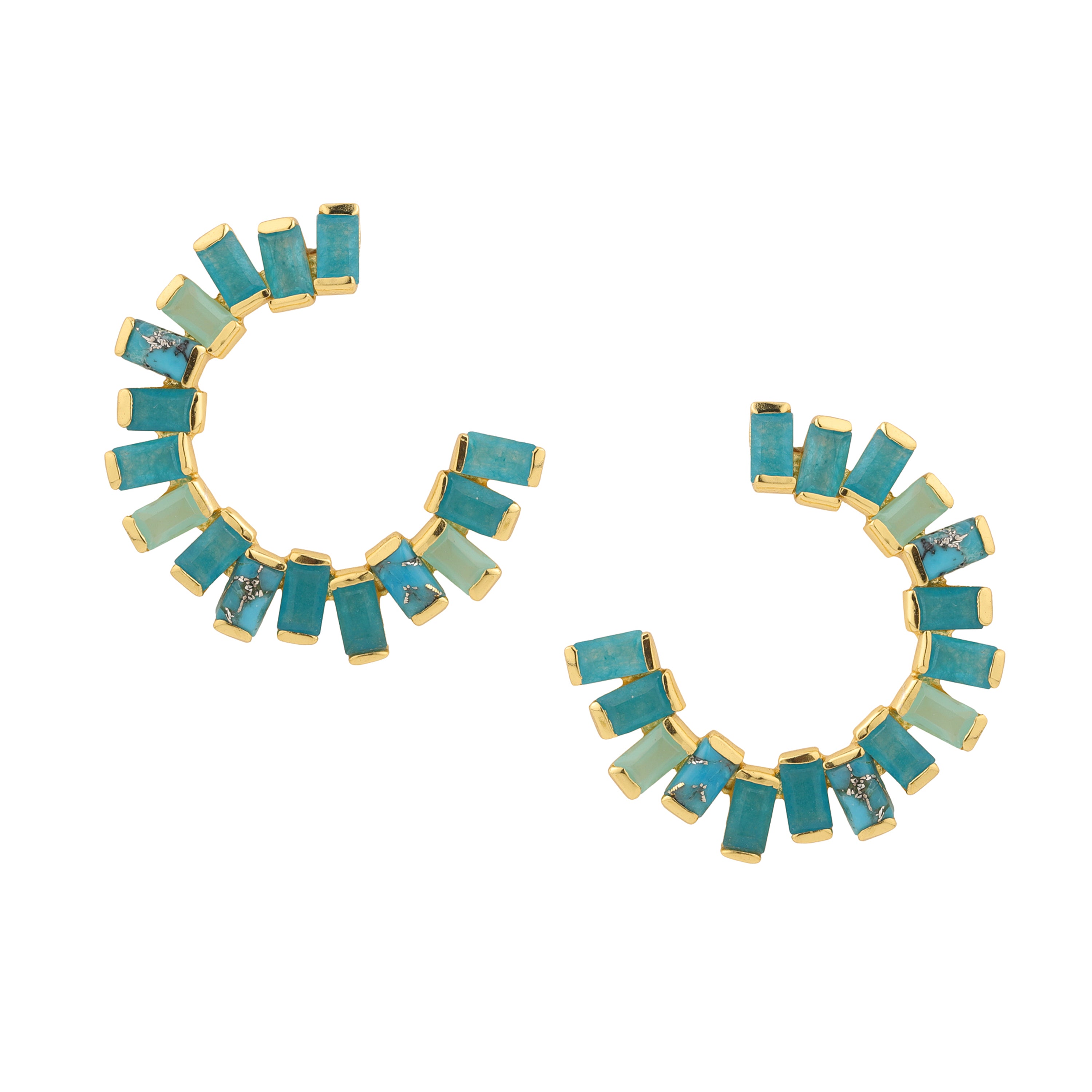 Open Gemstone Hoops in Chalcedony, Turquoise & Blue Jade in Aqua Chalcedony, gold plated, handcrafted gemstone earrings Singapore