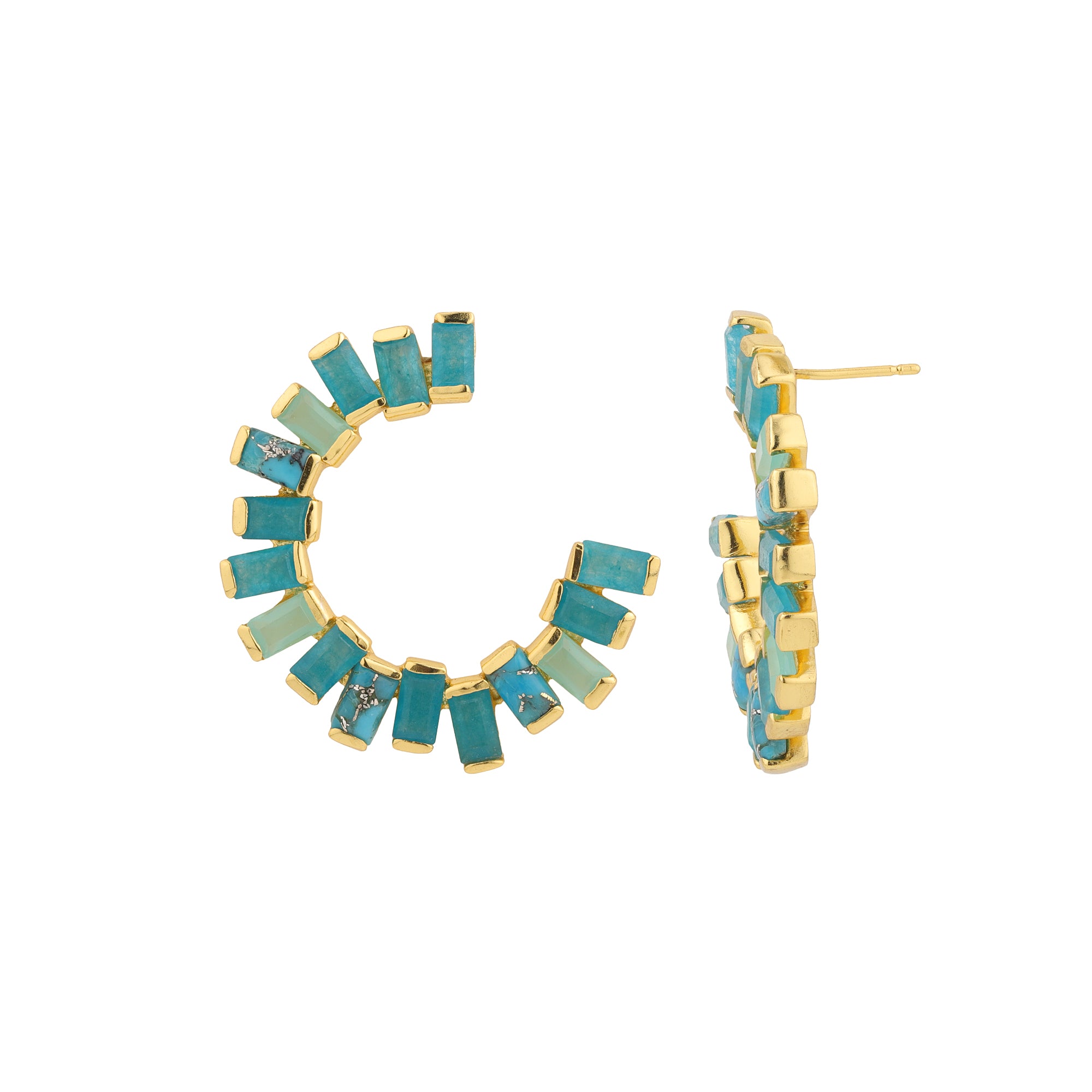 Open Gemstone Hoops in Chalcedony, Turquoise & Blue Jade in Aqua Chalcedony, gold plated, handcrafted gemstone earrings Singapore
