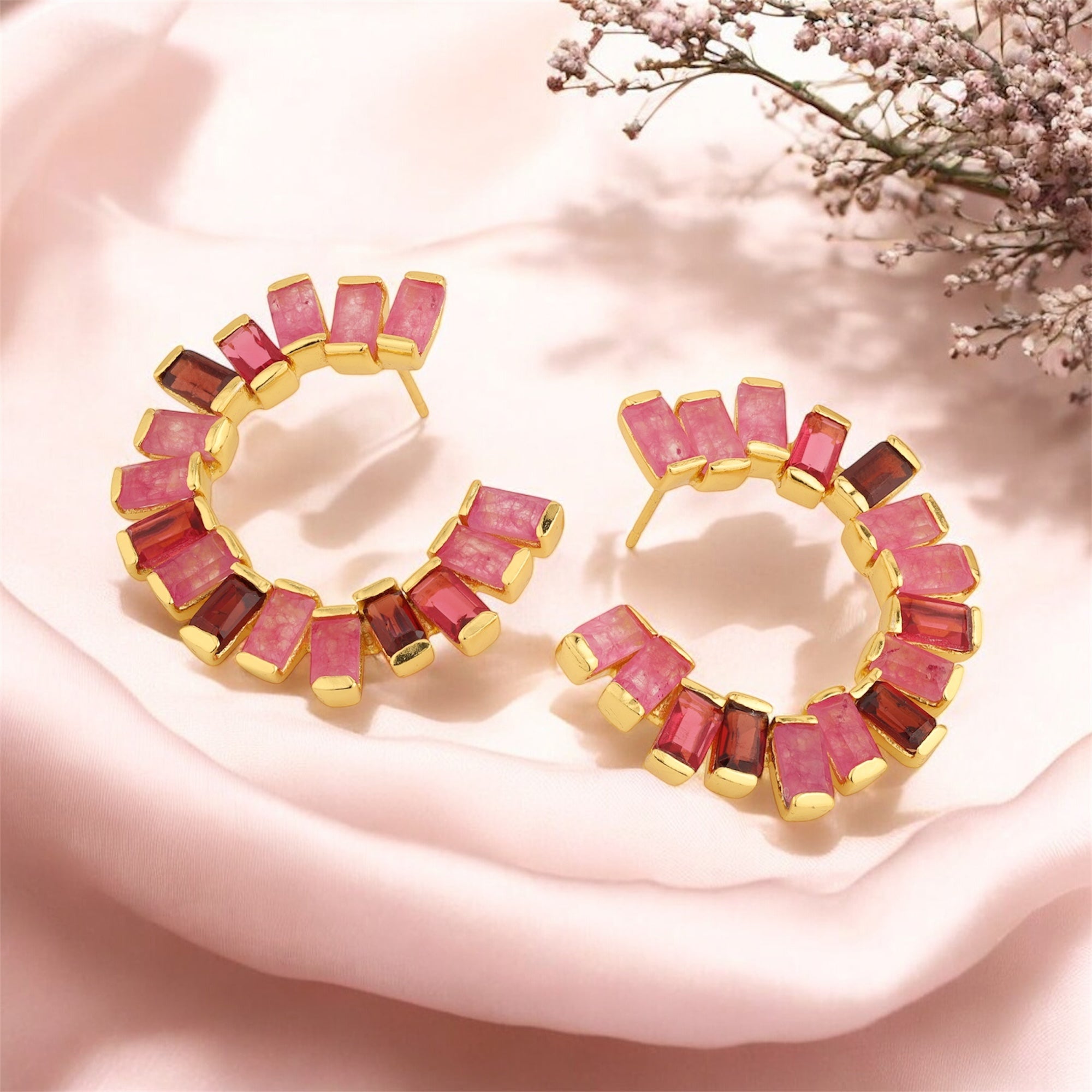 Open Gemstone Hoops in Pink Jade, Red Quartz & Garnet in Jade, gold plated, handcrafted gemstone earrings Singapore