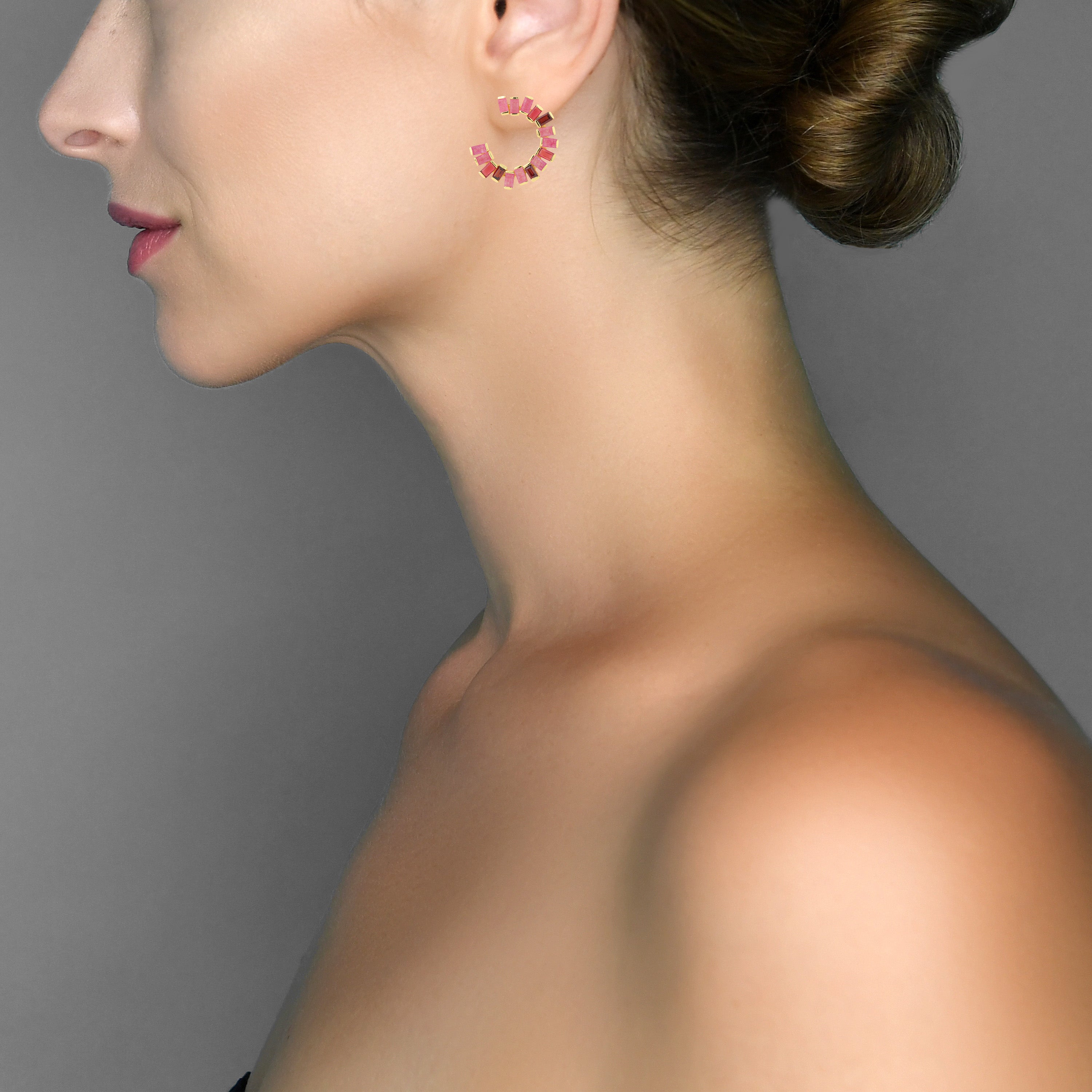 Open Gemstone Hoops in Pink Jade, Red Quartz & Garnet in Jade, gold plated, handcrafted gemstone earrings Singapore
