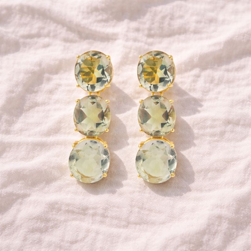 Sabina Earrings in Prasiolite in Prasiolite, gold plated, handcrafted gemstone earrings Singapore