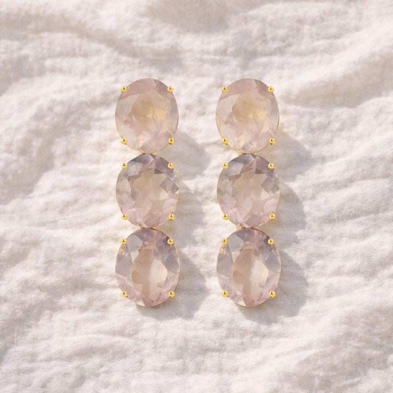 Sabina Earrings in Rose Quartz in Rose Quartz, gold plated, handcrafted gemstone earrings Singapore