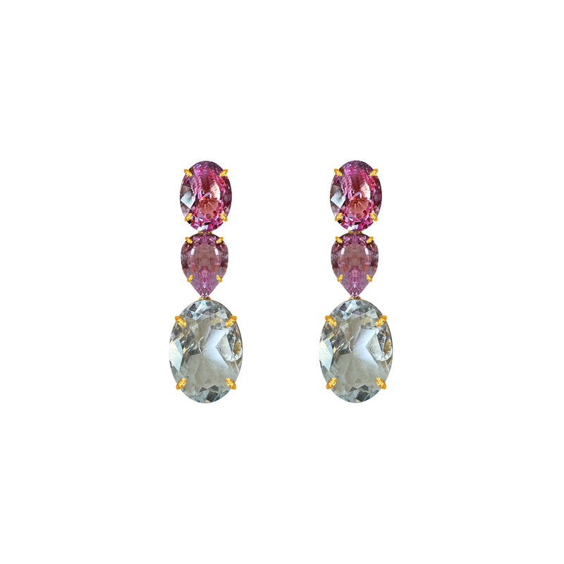 Earrings - Pink Topaz & Clear Crystal Quartz Trio