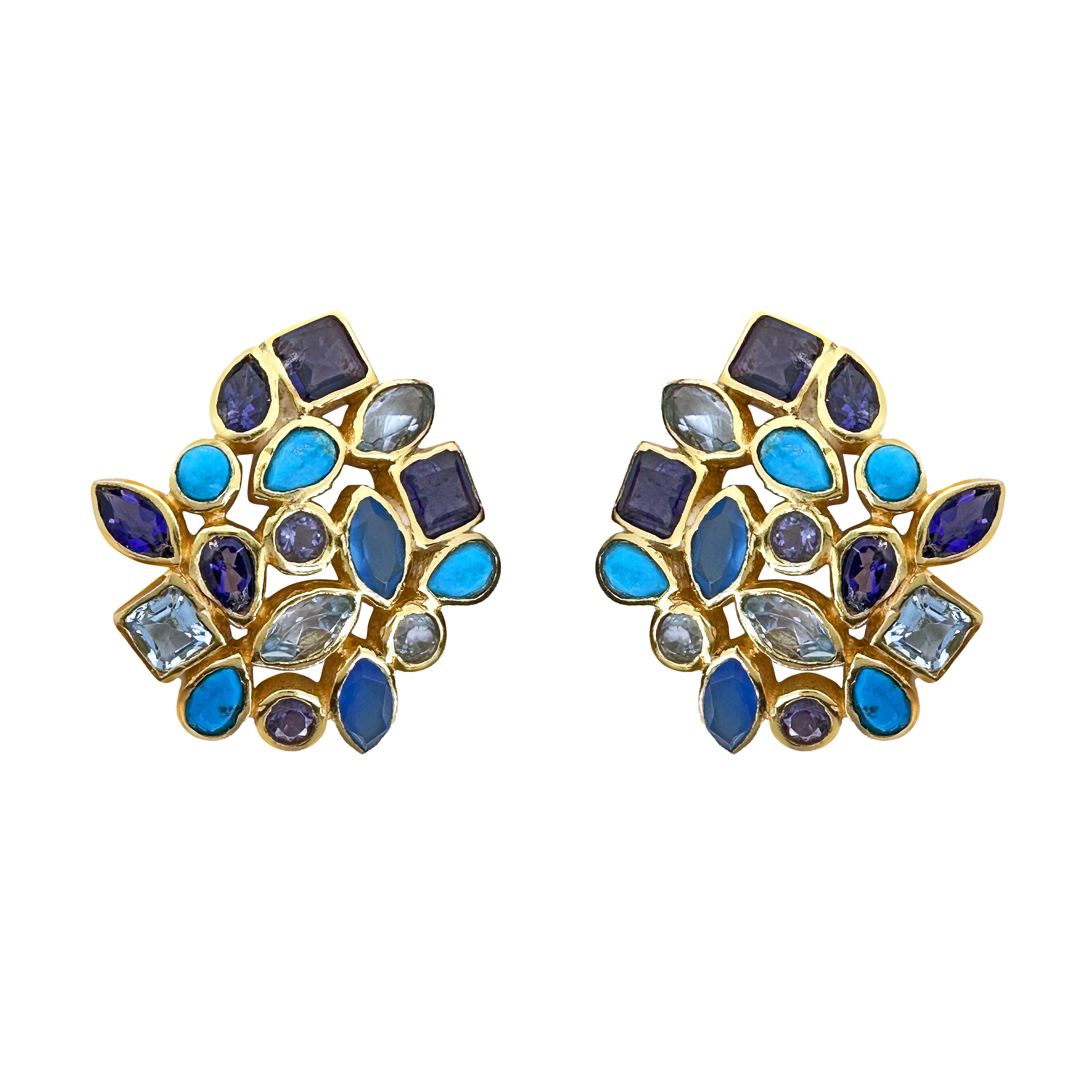 Cluster Earrings in Mixed Blues in Blue Topaz, gold plated, handcrafted gemstone earrings Singapore