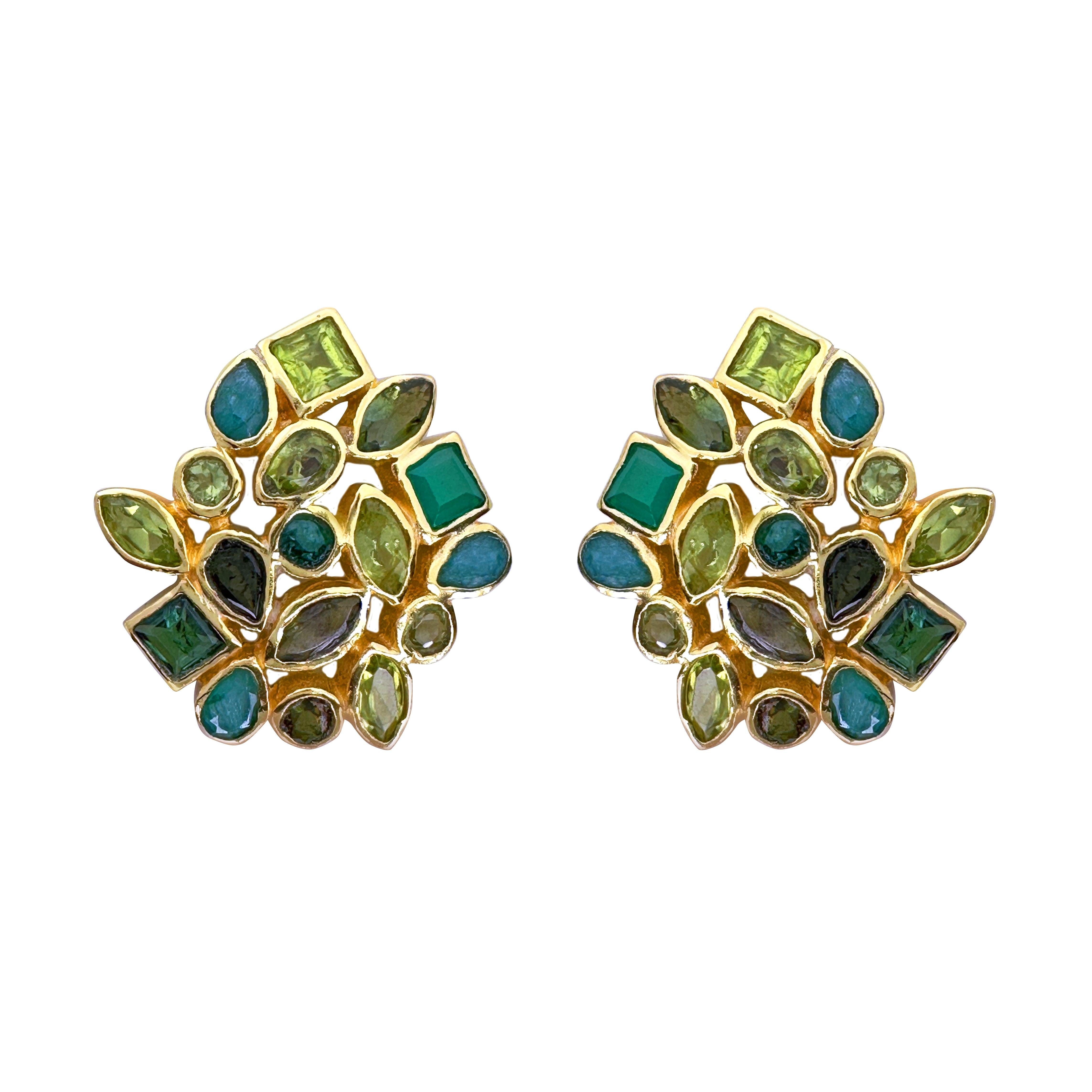 Cluster Earrings in Mixed Greens in Green Onyx, gold plated, handcrafted gemstone earrings Singapore