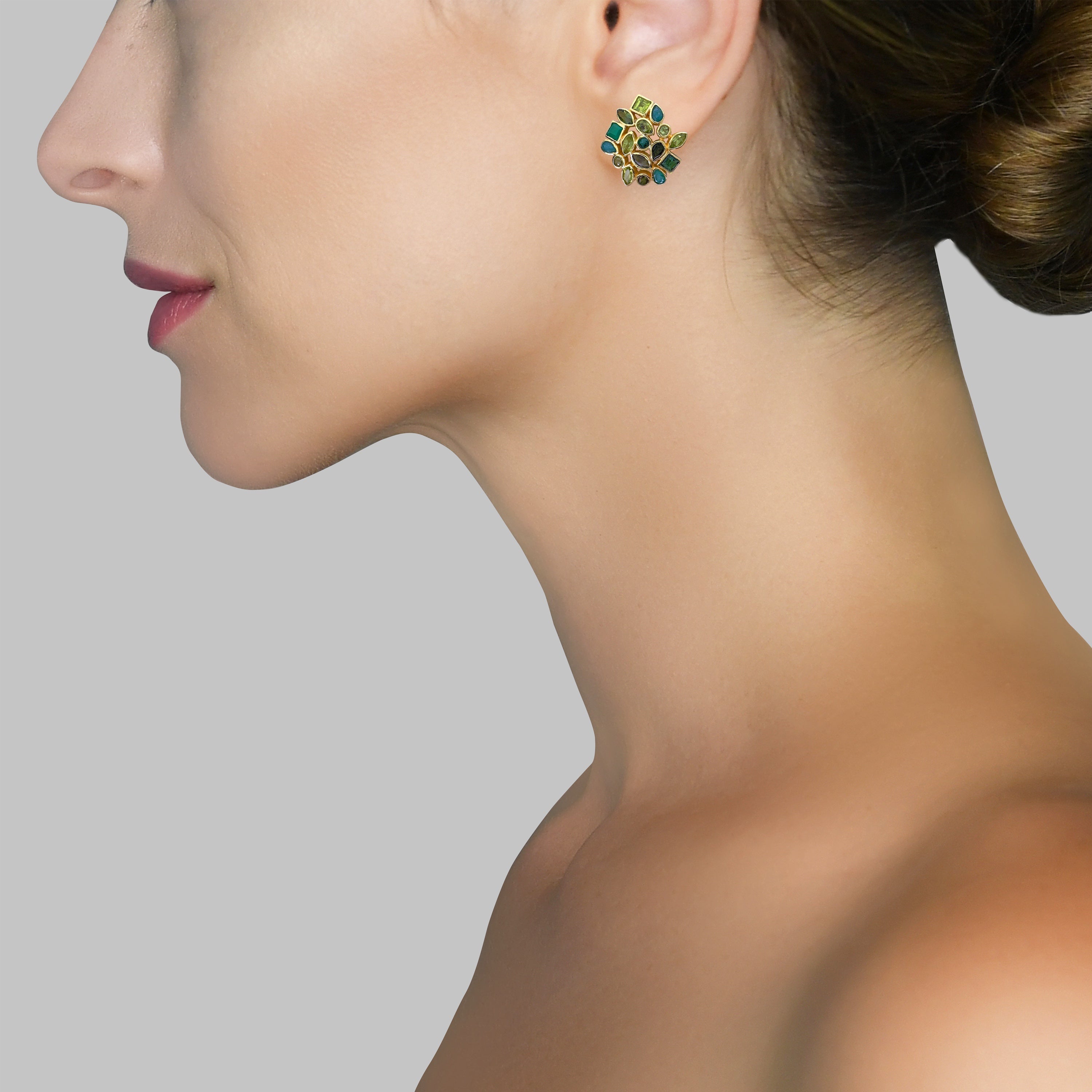 Cluster Earrings in Mixed Greens in Green Onyx, gold plated, handcrafted gemstone earrings Singapore