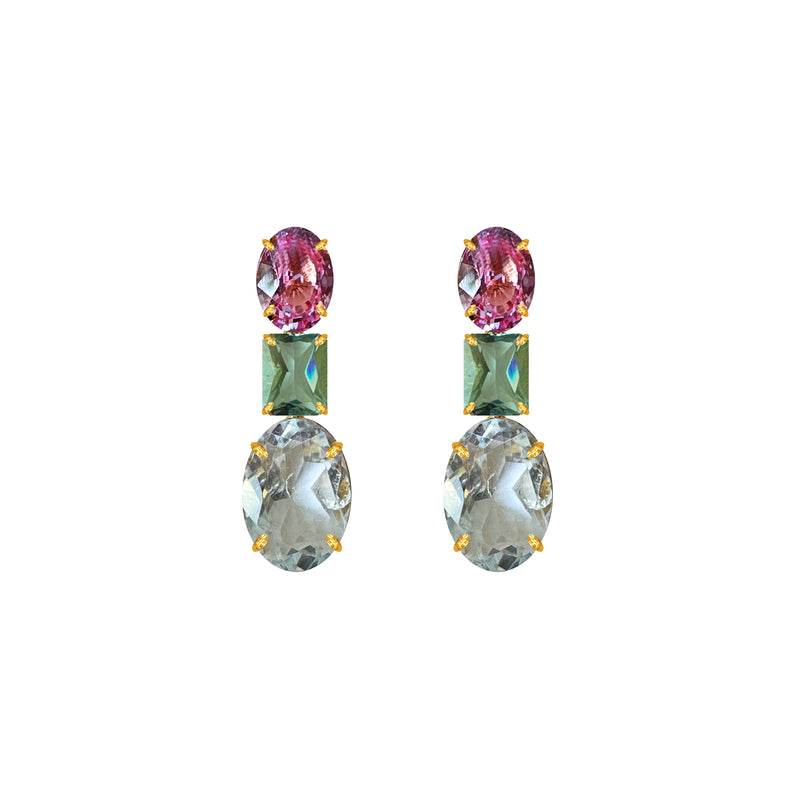 Earrings - Pink Topaz, Indicolite Quartz & Clear Crystal Quartz Trio