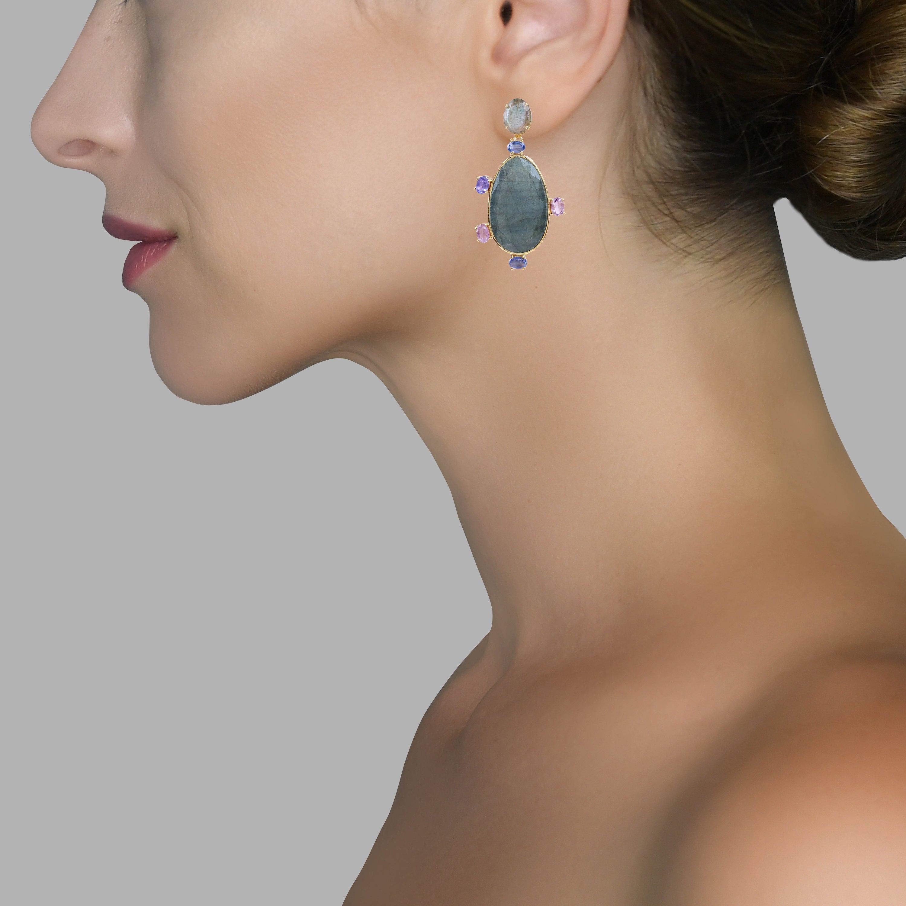 Labradorite, Multi Sapphire & Kyanite in Labradorite, gold plated, handcrafted gemstone earrings Singapore