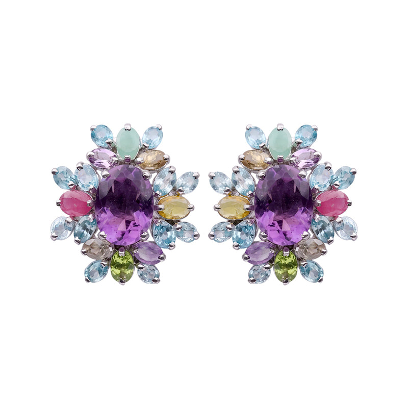 Earrings - Amethyst and Multi Gem Flower