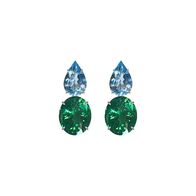 Earrings - Blue Topaz & Green Quartz Double Drops