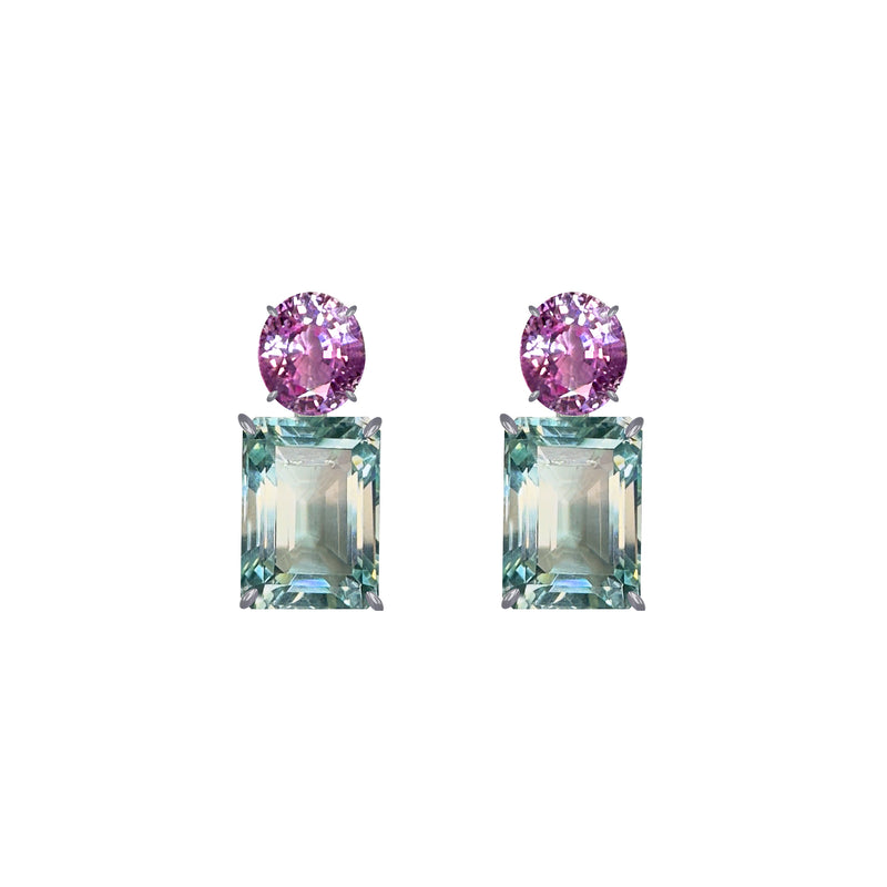 Earrings - Pink Topaz & Aquamarine Double Drops