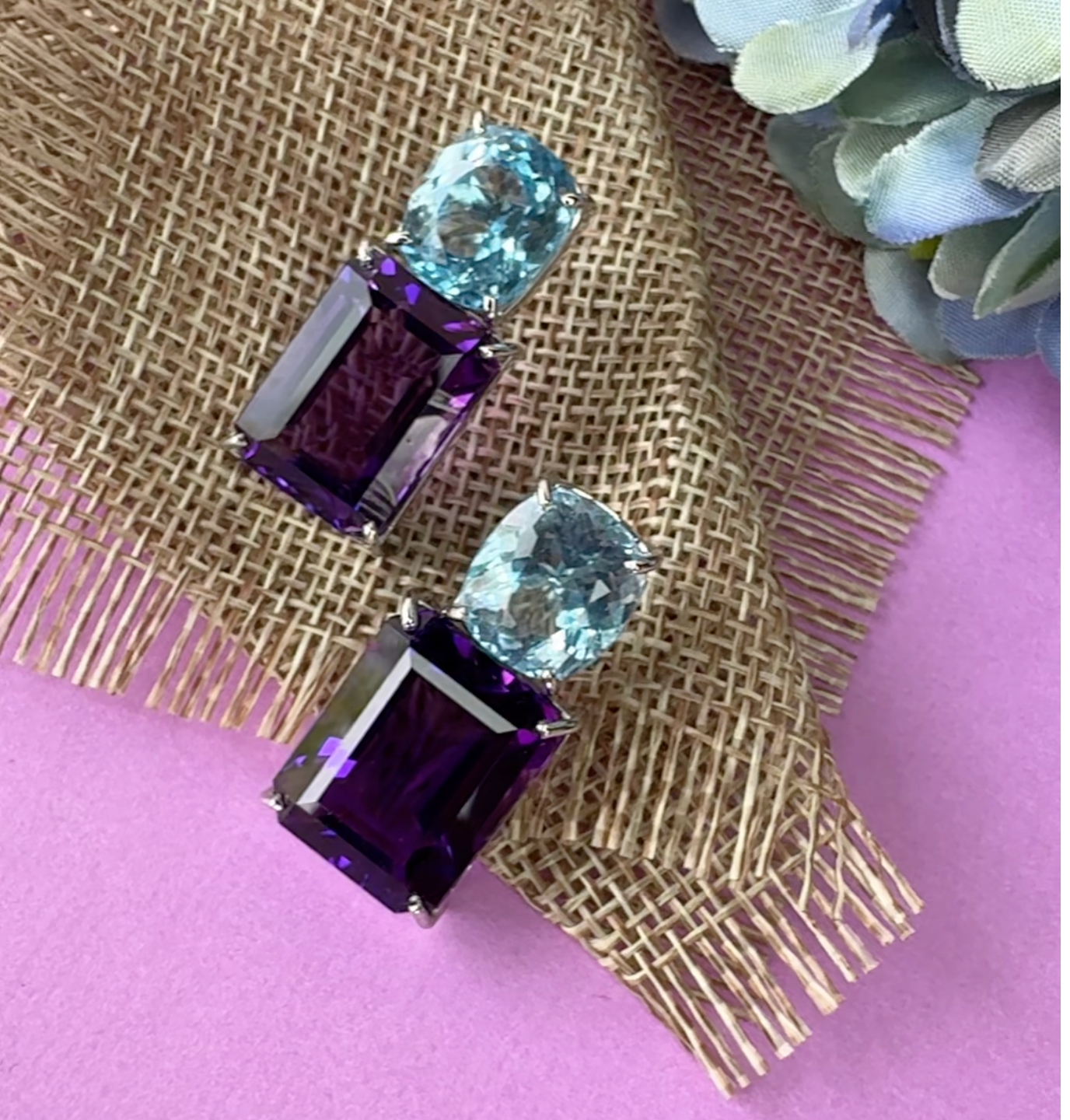 Blue Topaz & Amethyst Duo in Amethyst, gold plated, handcrafted gemstone earrings Singapore