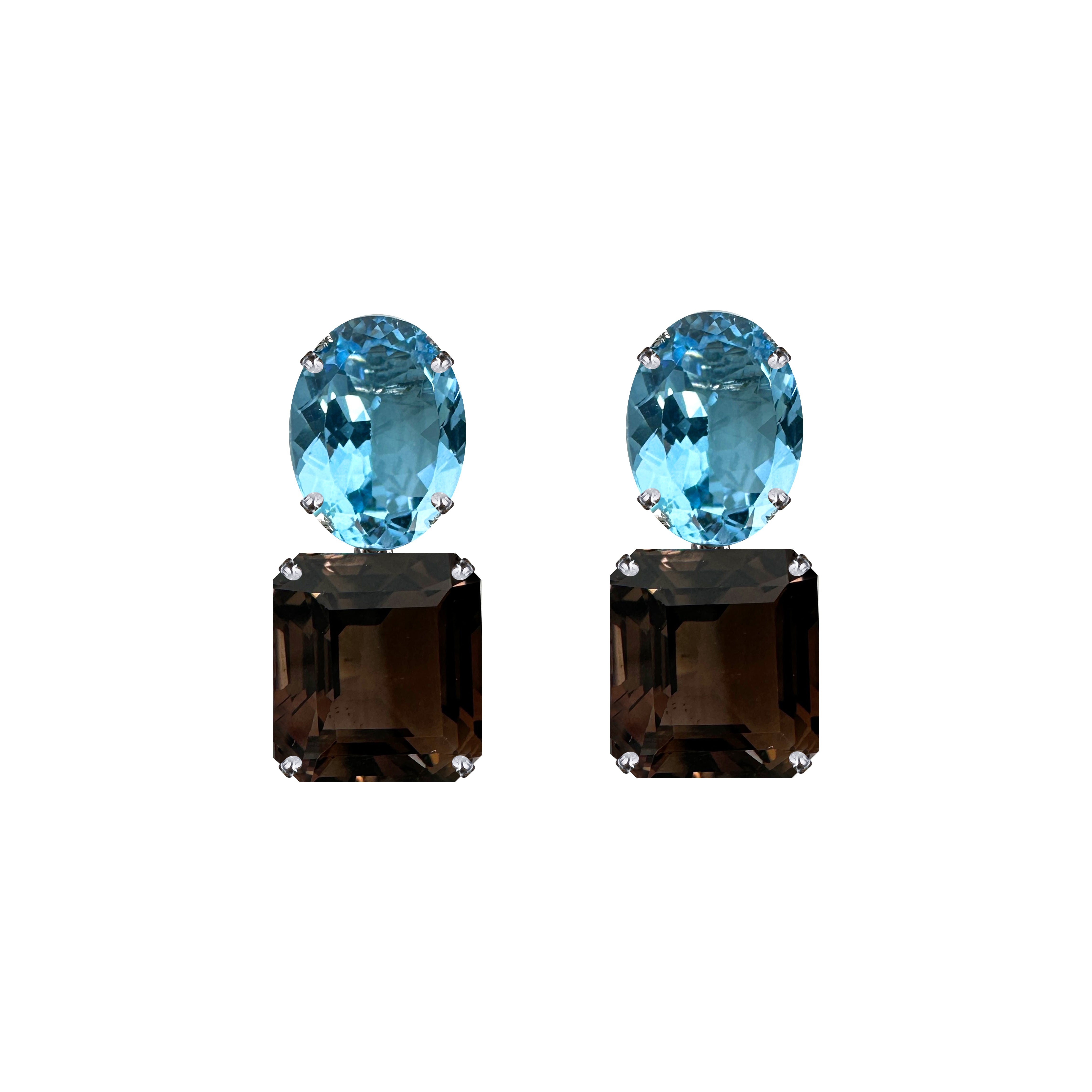 Blue Topaz and Smoky Quartz Duo Earrings in Blue Topaz, gold plated, handcrafted gemstone earrings Singapore