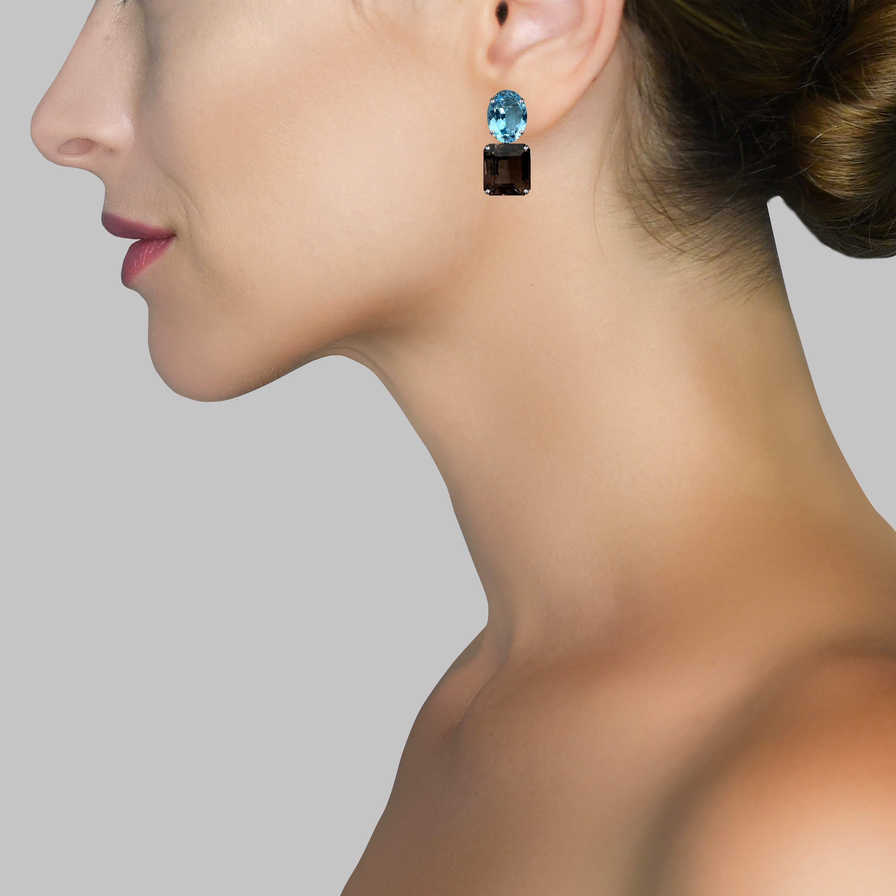 Blue Topaz and Smoky Quartz Duo Earrings in Blue Topaz, gold plated, handcrafted gemstone earrings Singapore