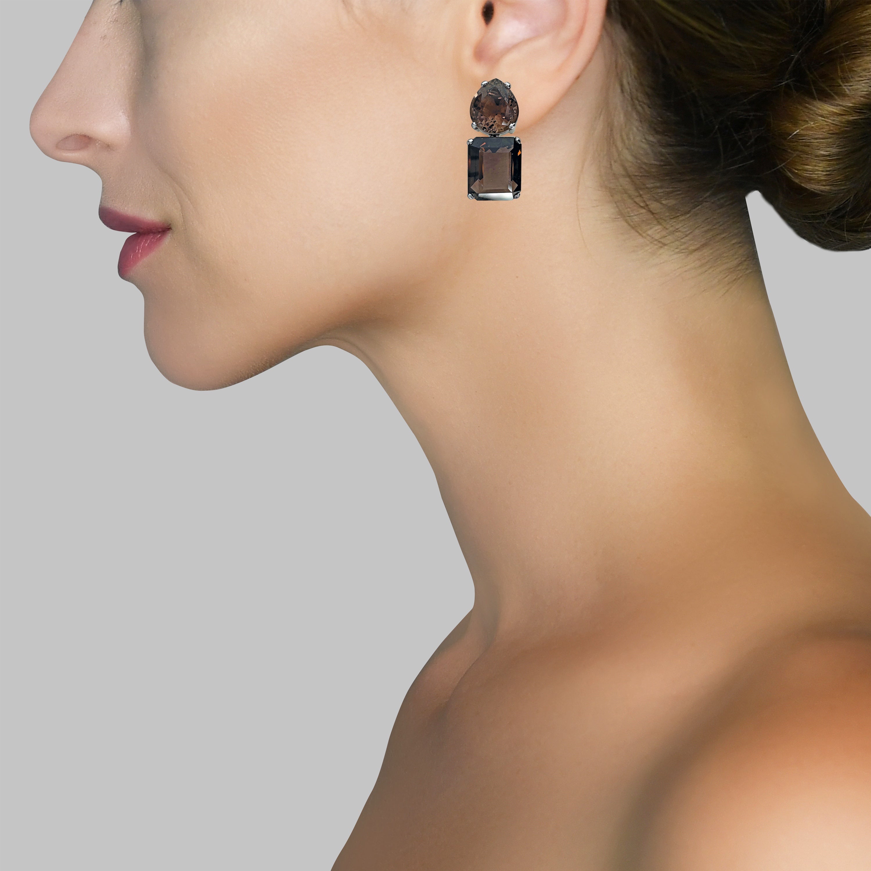 Smoky Quartz Duo in Smoky Quartz, gold plated, handcrafted gemstone earrings Singapore