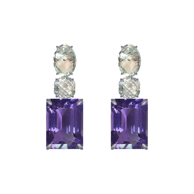 Earrings - Prasiolite, Clear Crystal Quartz & Amethyst Trio