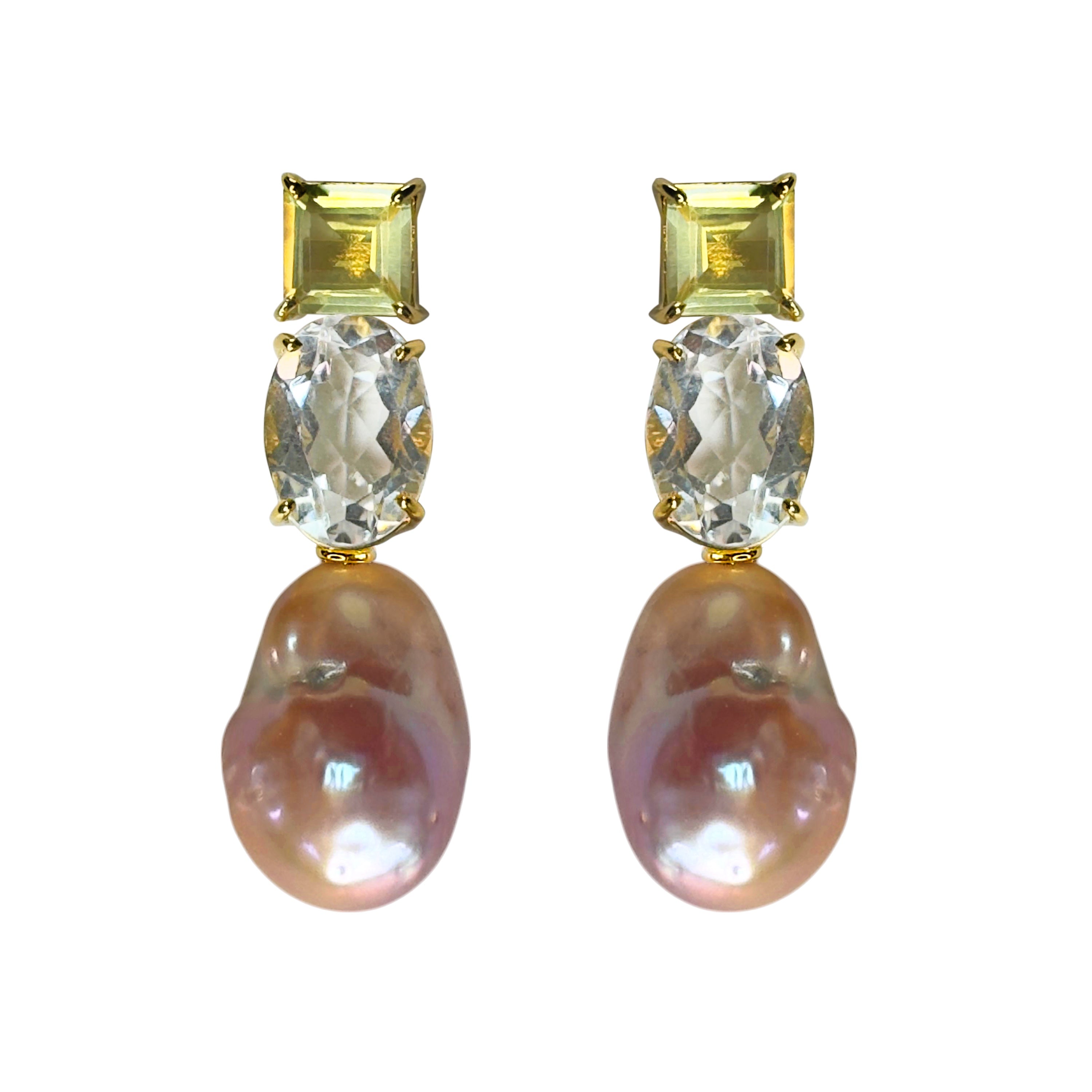 Pair of Lemon Quartz, Clear Crystal Quartz and Baroque pearl earrings with gemstones and pearls on a white background
