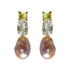 Pair of Lemon Quartz, Clear Crystal Quartz and Baroque pearl earrings with gemstones and pearls on a white background