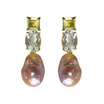 Pair of Lemon Quartz, Clear Crystal Quartz and Baroque pearl earrings with gemstones and pearls on a white background