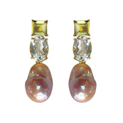 Pair of Lemon Quartz, Clear Crystal Quartz and Baroque pearl earrings with gemstones and pearls on a white background