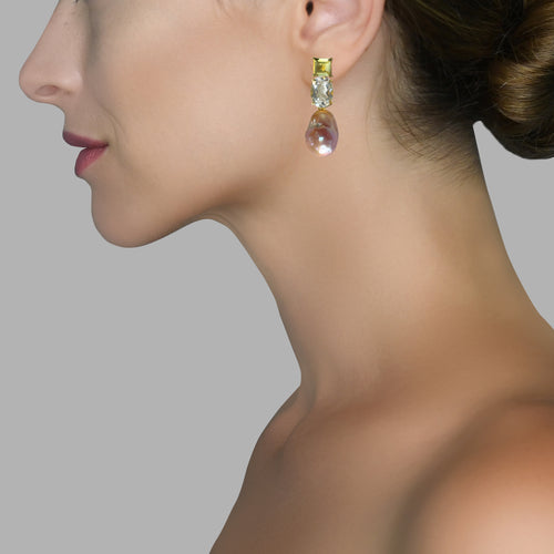 Pair of Lemon Quartz, Clear Crystal Quartz and Baroque pearl earrings with gemstones and pearls on a female model