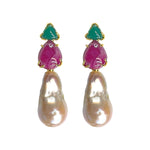 Earrings - Green Onyx, Ruby & Baroque Pearl Trio