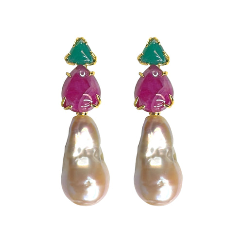Earrings - Green Onyx, Ruby & Baroque Pearl Trio